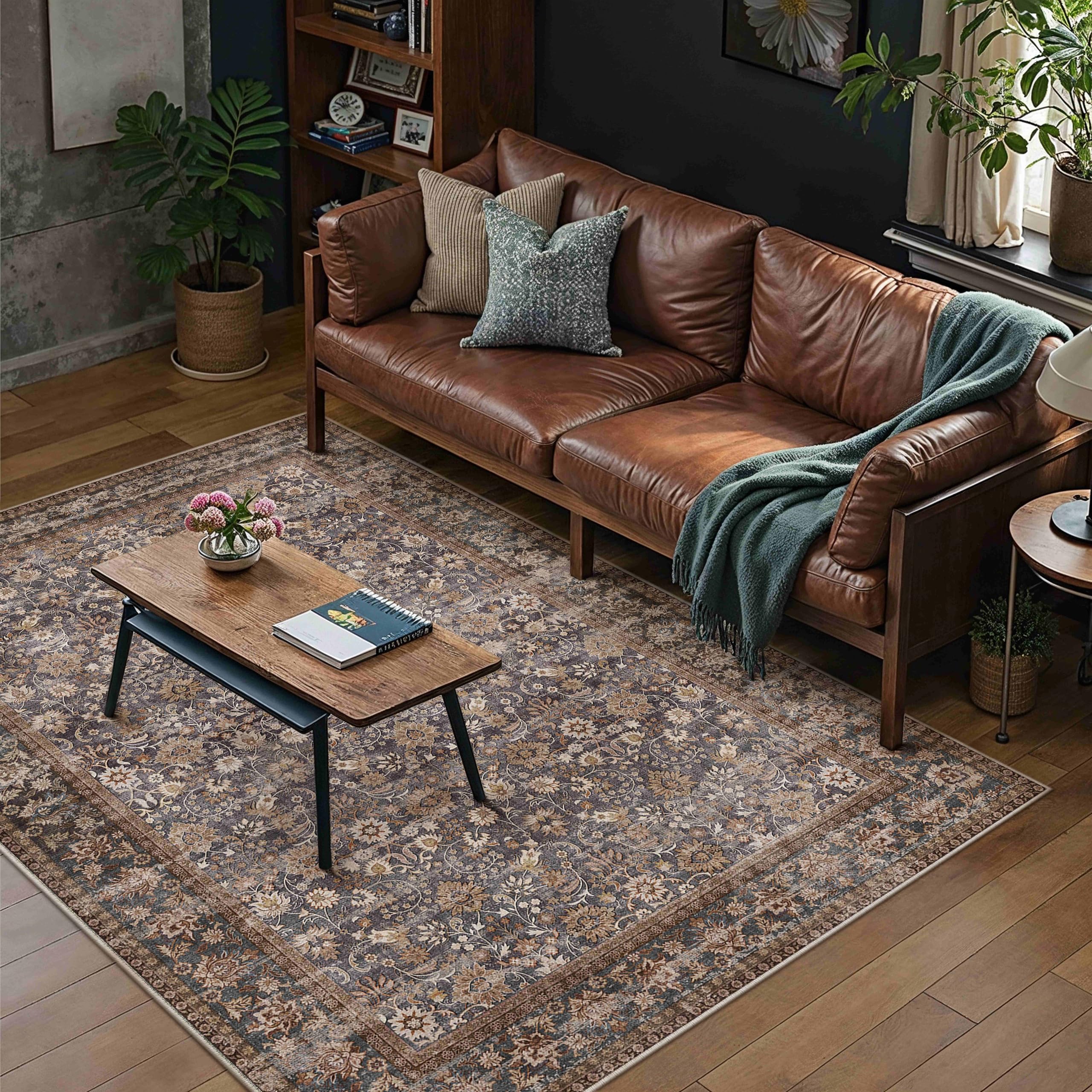 HUGEAR 3x5 Machine Washable Rugs Tradition Brown Hallway Area Rug Indoor Accent Rug Floral Low Pile Carpet Soft Throw Rug Bedroom Living Room Office Dining Room Kitchen Laundry Room Non Slip