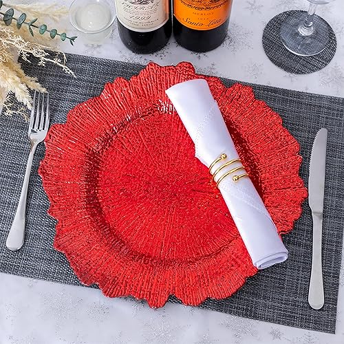 Miniatura 4 de Juego de 6 platos rojos redondos de 13 pulgadas, cargadores de arrecife de plástico para platos de cena, suministros de boda para todas las