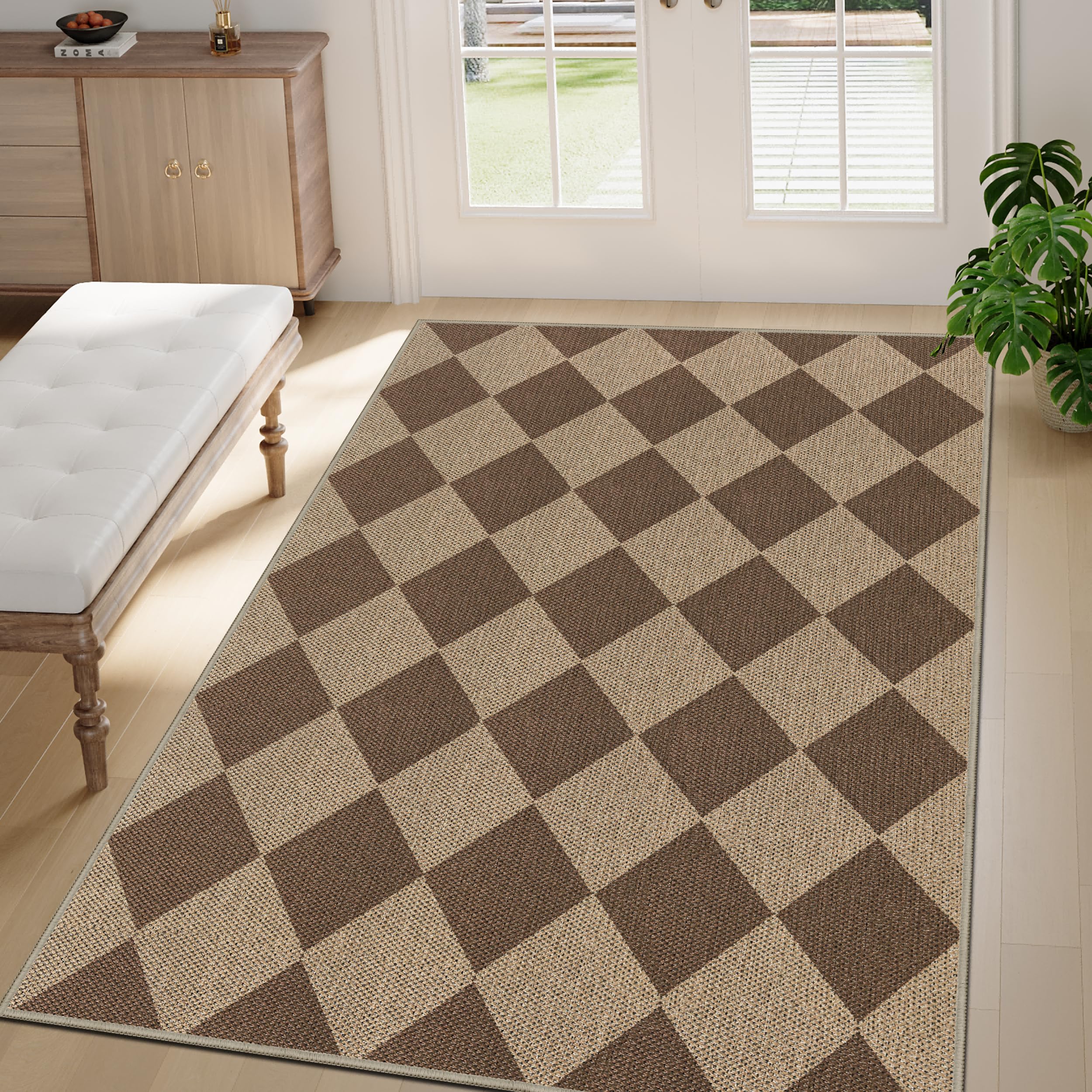 Capslpad Checkered Indoor Doormat 35"x59", Non-Slip Absorbent Dirt Resist Front Back Door Mat, Modern Easy Jute Entrance Door Mat, Washable Dimond Area Rug for Living Room Bedroom(Nature/Brown)