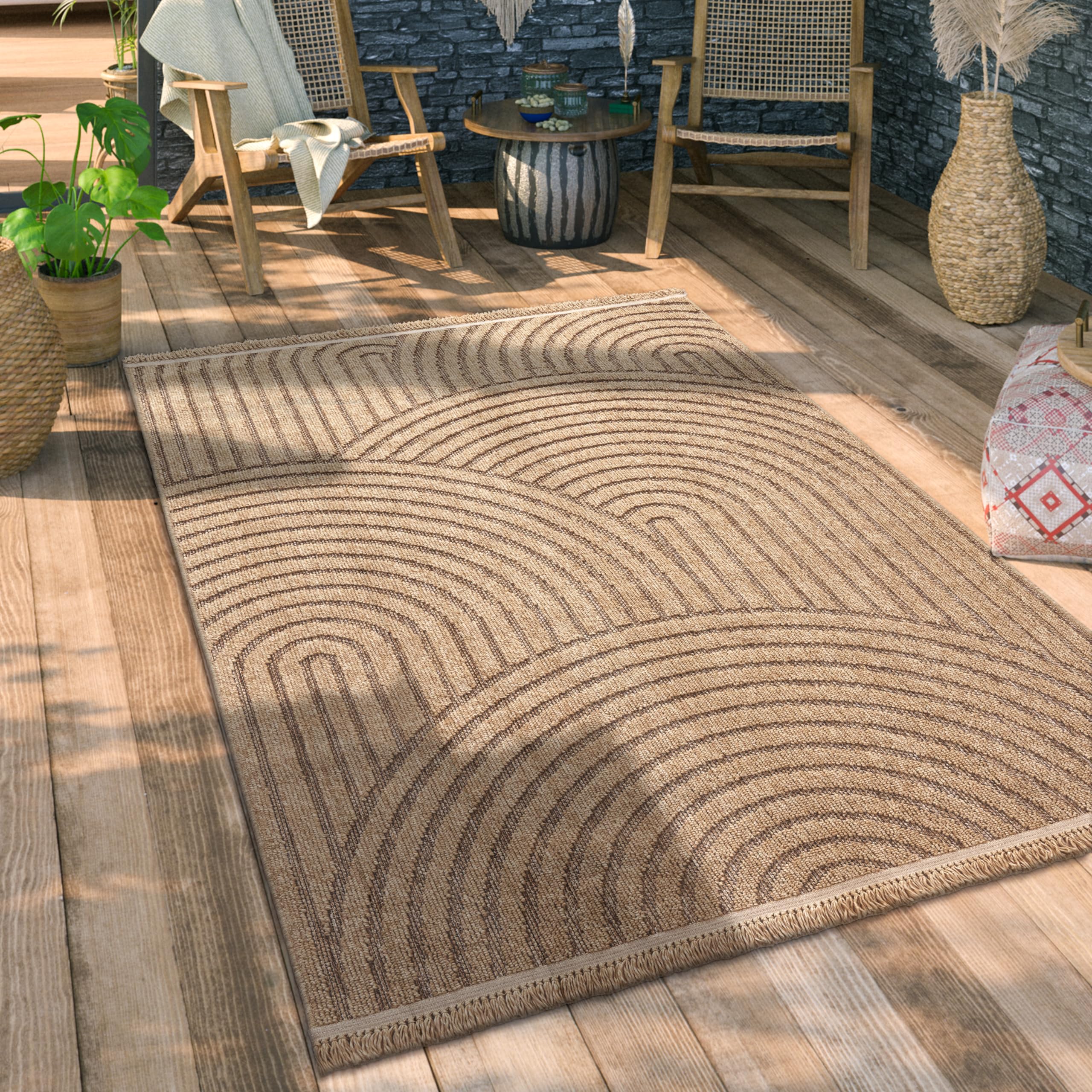 Paco Home Hochwertiger Outdoor Teppich Wetterfest & Pflegeleicht Jute-Sisal-Optik mit Fransen & Hoch-Tief-Effekt Langlebig für Terrasse, Balkon, Garten & Küche, Grösse:120x160 cm, Farbe:Beige 3