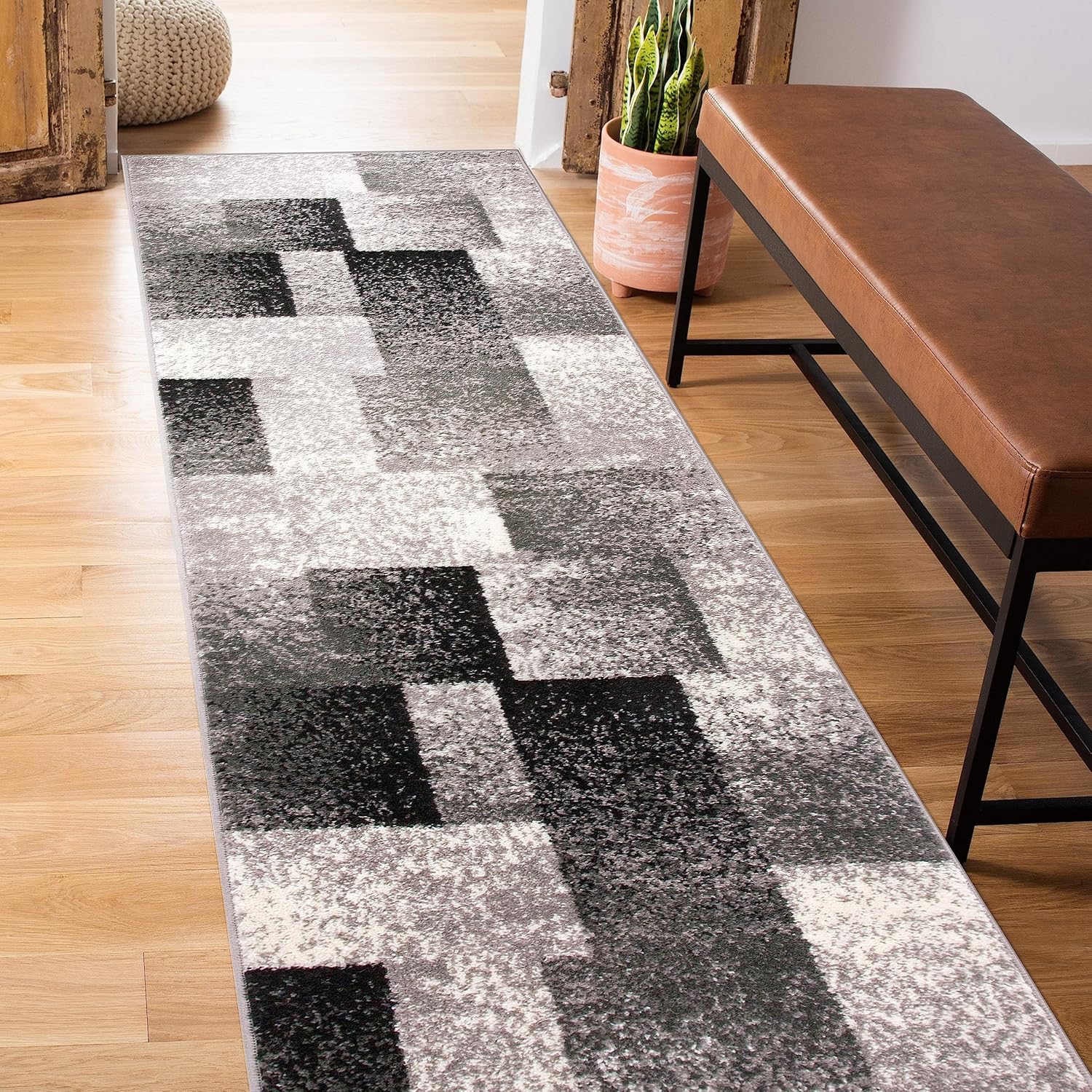 Rugshop Modern Distressed Boxes Runner Rug 2' x 7' Gray Grey 2' x 7'