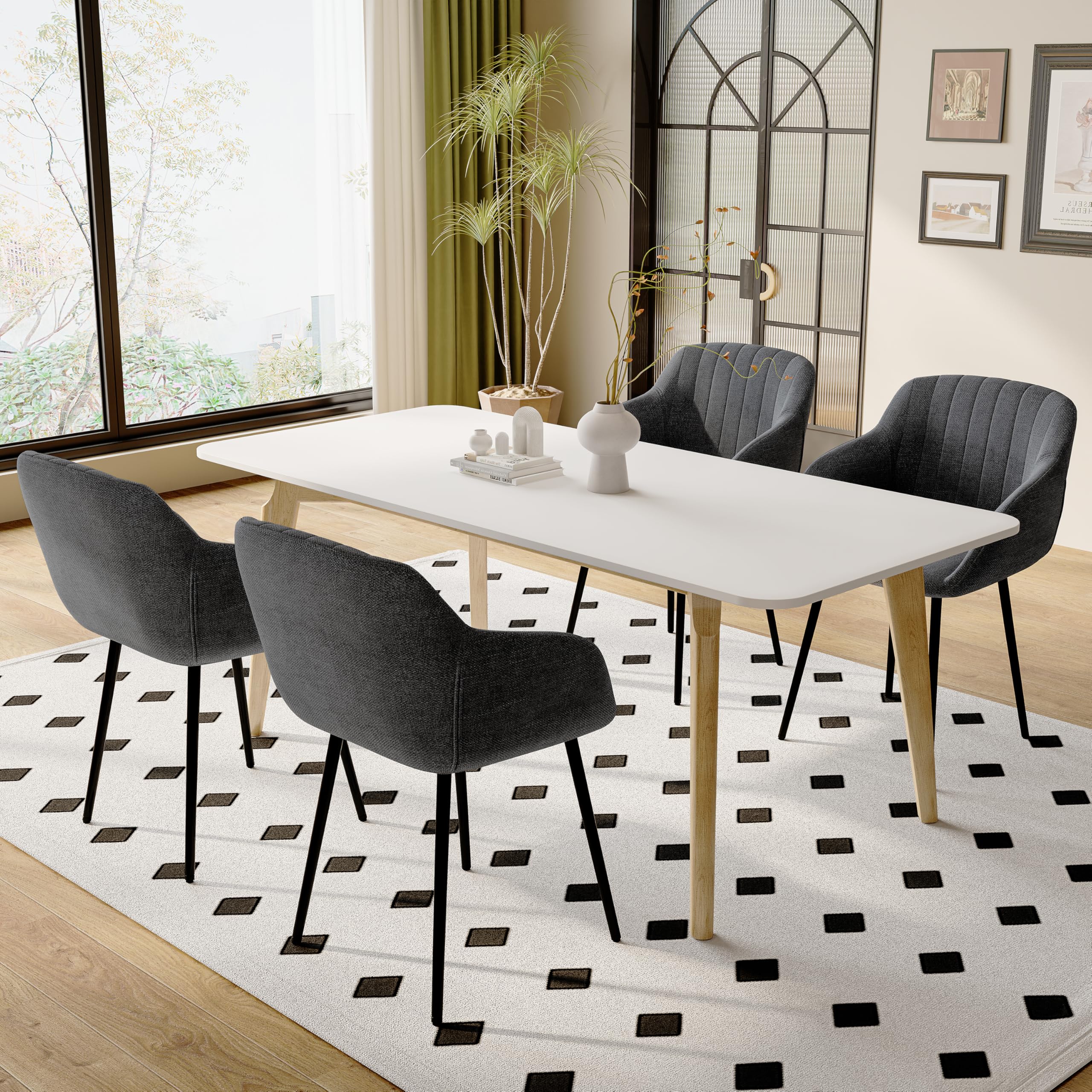 Goeurvant Set di 2 sedie da sala da pranzo con bracciolo, sedia da cucina, sala da pranzo, sedia da soggiorno con gambe in metallo e schienale, seduta in poliestere, Nero/Grigio