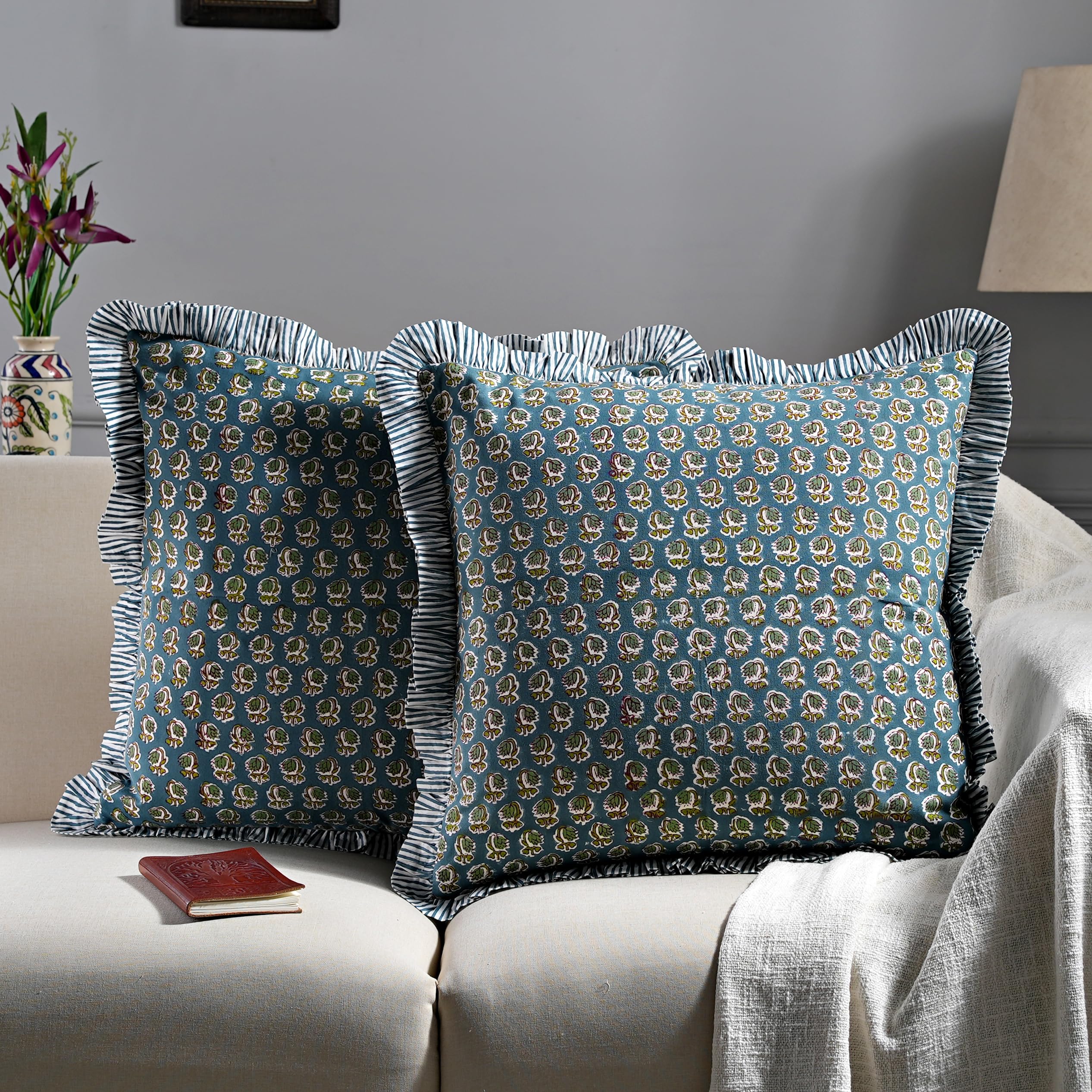 Ridhi Federa per cuscino con stampa a blocchi blu pavone, 50,8 x 50,8 cm, confezione da 2, per divano, letto, soggiorno, decorazione della casa, regalo per primavera, Pasqua, San Valentino