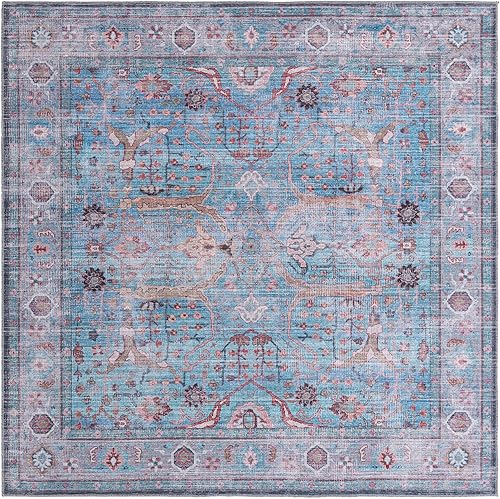 Rugs.com Maahru Collection Alfombra lavable  Alfombra cuadrada azul de pelo bajo de 8 pies perfecta para salas de estar, cocinas, entradas