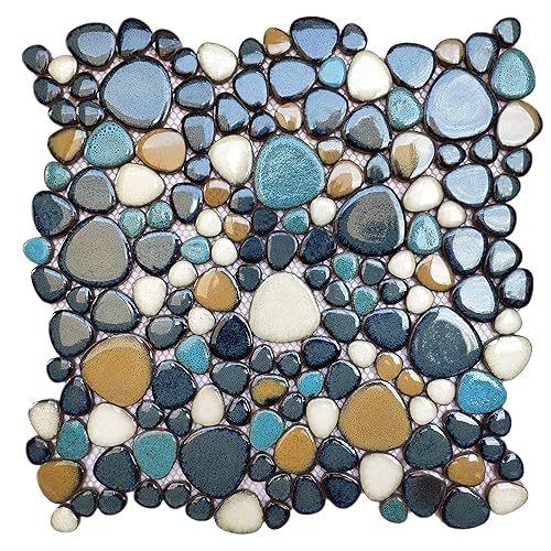 Parrotile Pebble Tile for Shower Floor Aqua Cobalt Blue Mosaic