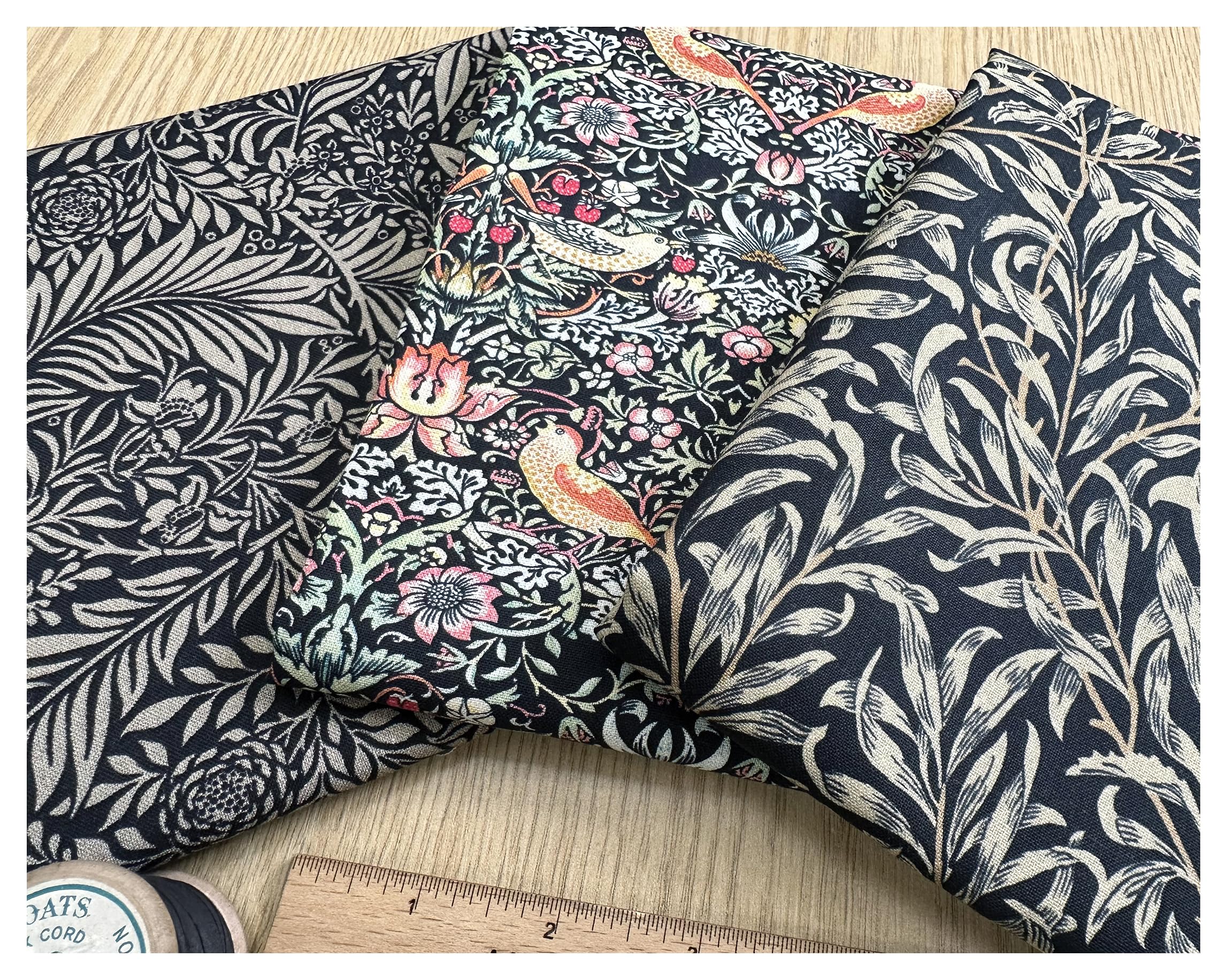 Fat Quarter Fabric Bundle - William Morris Ebony Black - Bird Floral Print Craft Fabric Material