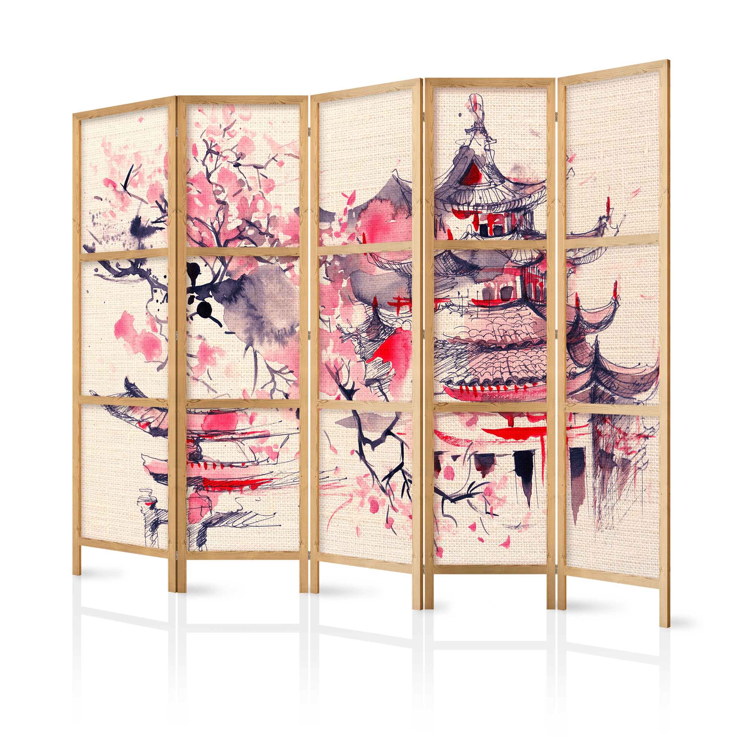 decomonkey 5 Panelli Paravento - 225 x 171cm Japan Flowers Divisorio Separè per la separazione degli ambienti la casa l'ufficio la spa