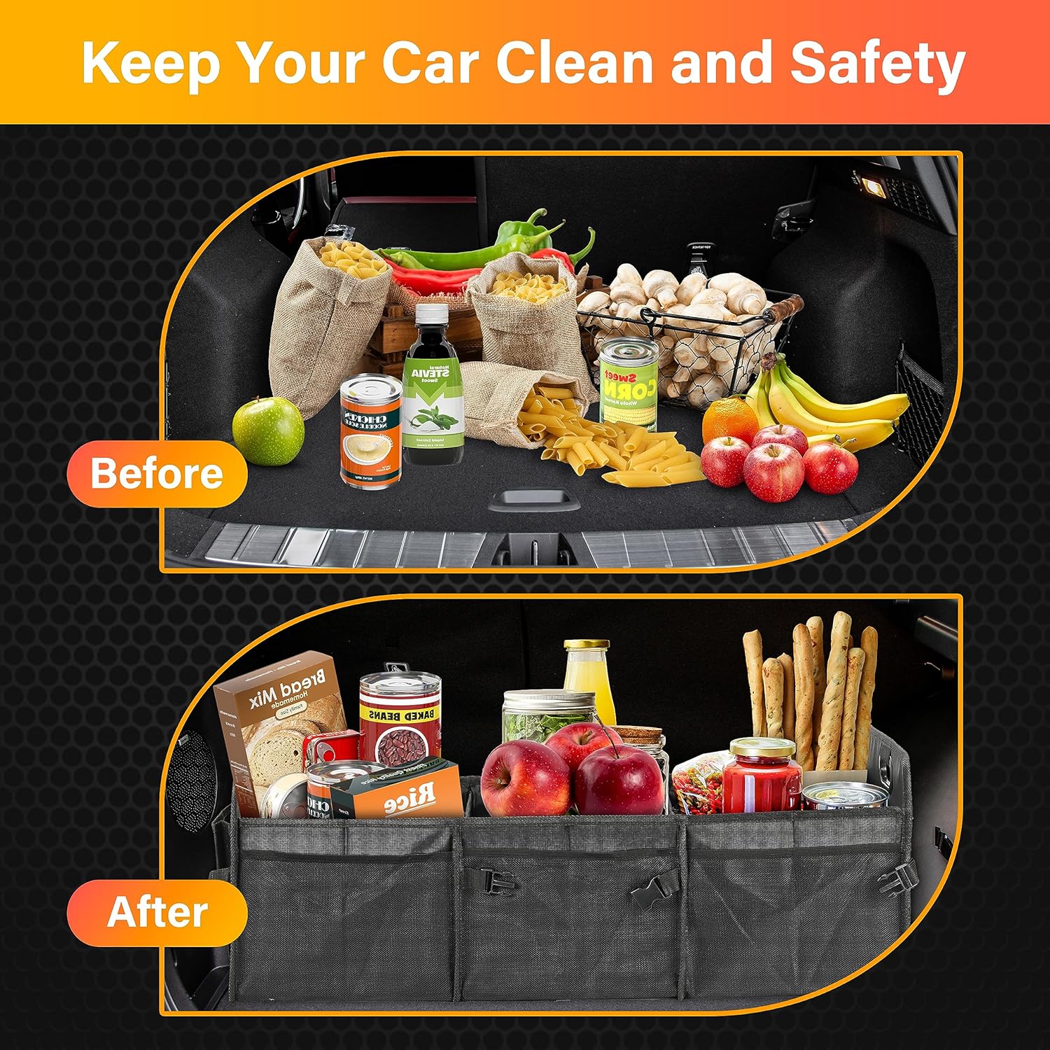 YSSOA Multi Compartments Car Trunk Organizer, 600D Anti-slip Waterproof Oxford Polyester Car Storage, with Adjustable Strap, 15"D x 32"W x 12"H Collapsible Trunk Storage, for SUV, Truck, Black