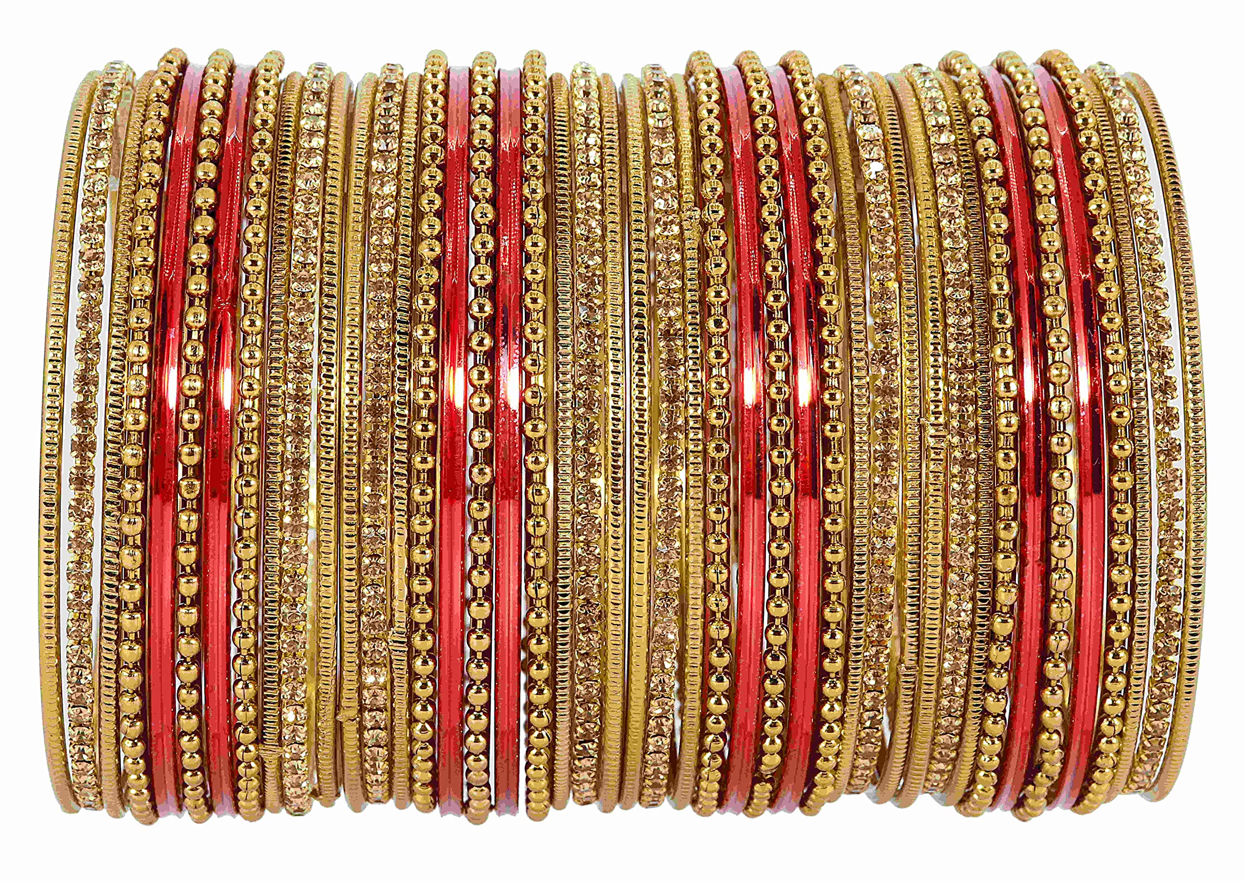 NMII Non-Precious Metal with Base Metal Zircon Gemstone Studded Glossy Finished Ballchain Linked Gold Plated Cutting Pattern Bangle set for Women and Girls, (D-Red _2.4 Inches), Pack Of 44 Bangles (B0BFFG73GZ) Amazon Price History, Amazon Price Tracker