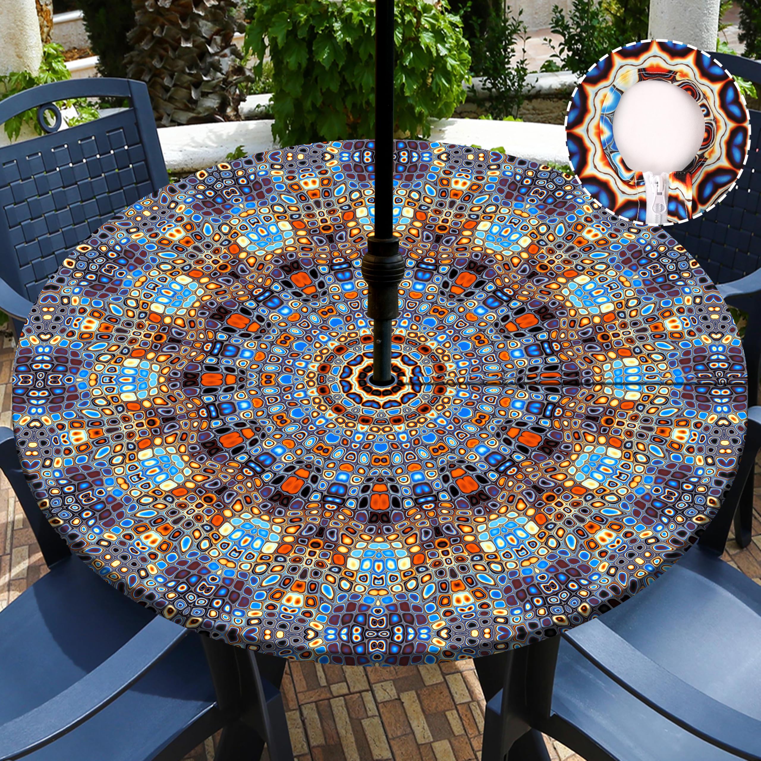 Buwuta Outdoor Tablecloth with Umbrella Hole Waterproof Round Fitted Tablecloth with Elastic Zippered Wipeable Table Cloth Cover for Picnic,Patio,Garden (Blue, 48" (Round))