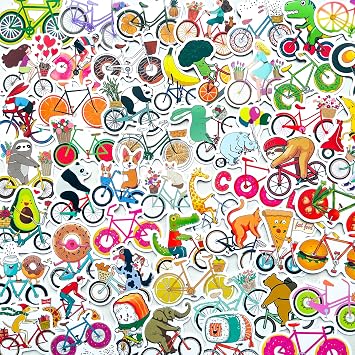 53 PCS Funny Animals Food on Bicycles Stickers Cute Cartoon Vinyl Fruit, Veggies, Pets Riding Bikes Decals for Laptop, Scrapbook, Water Bottle, Journal, Teens, Adults