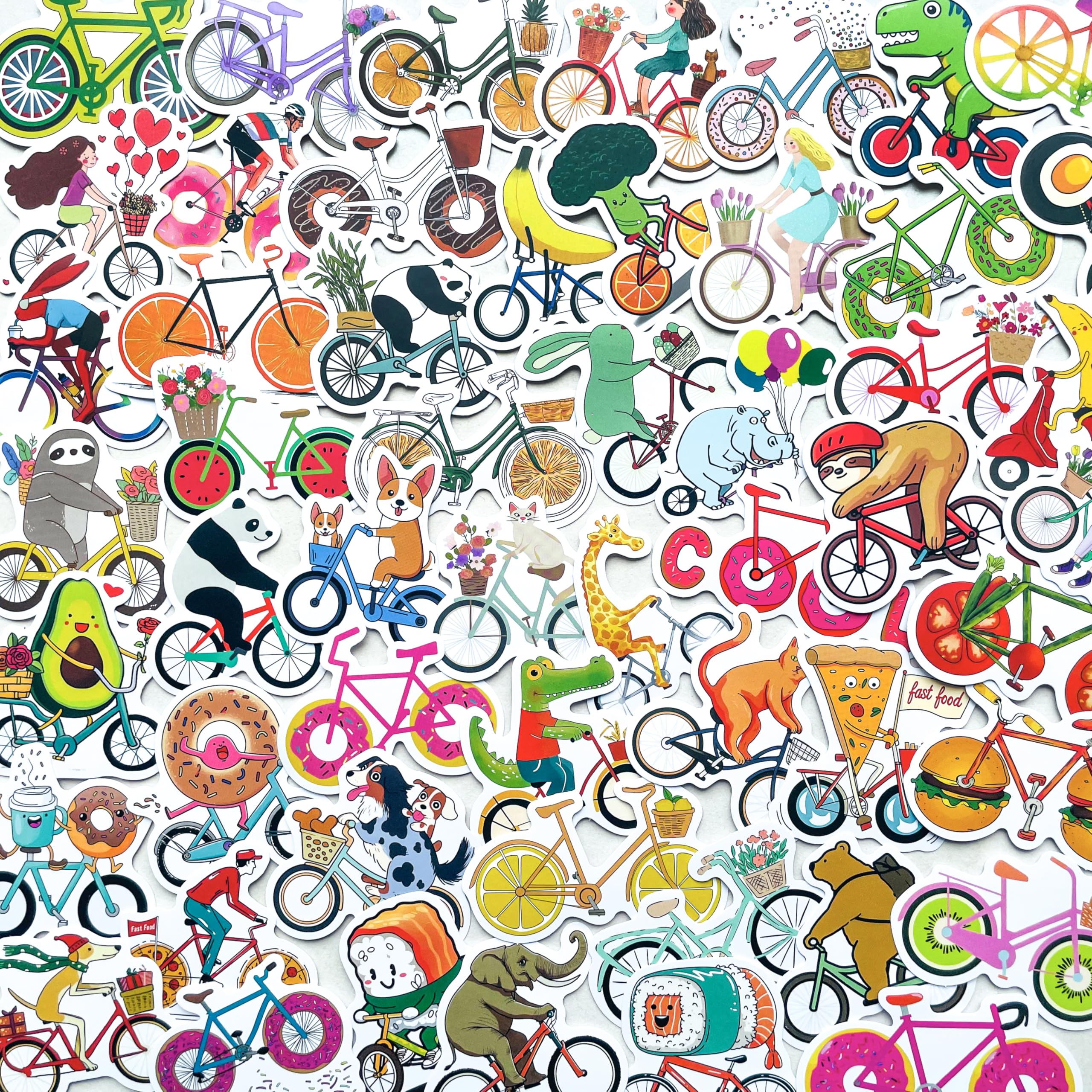 Pigbit 53 PCS Funny Animals Food on Bicycles Stickers – Cute Cartoon Vinyl Fruit, Veggies, Pets Riding Bikes Decals for Laptop, Scrapbook, Water Bottle, Journal, Teens, Adults