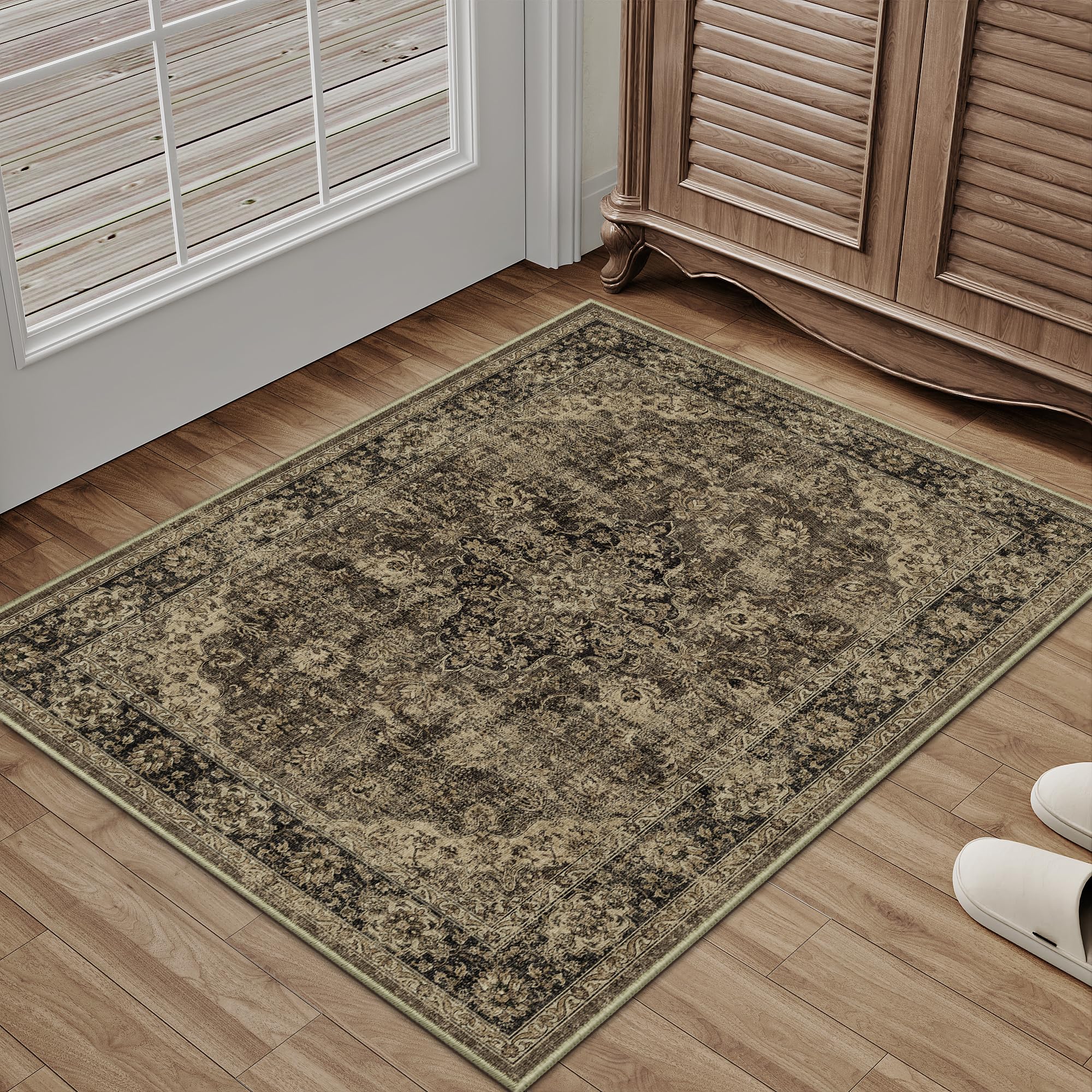 HUGEAR 2x3 Entryway Area Rug Retro Brown Small Rug Machine Washable Door Mat Vintage Floral Low Pile Carpet Distressed Throw Rug Entrance Kitchen Bathroom Bedroom Office Non Slip Soft Lightweight