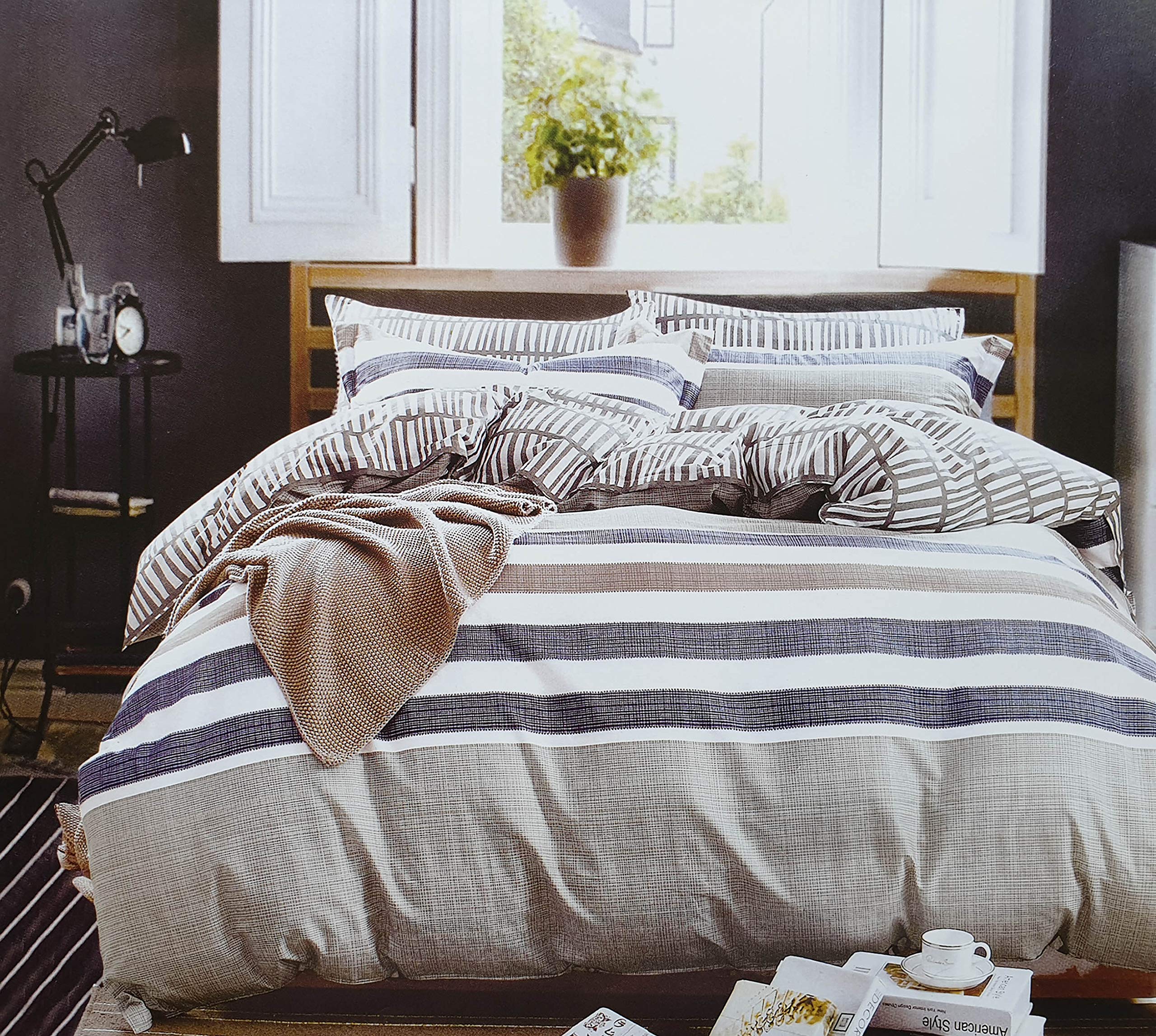 Parure housse de couette bleu et gris tissage 90 g/m² finitions lit double et king size