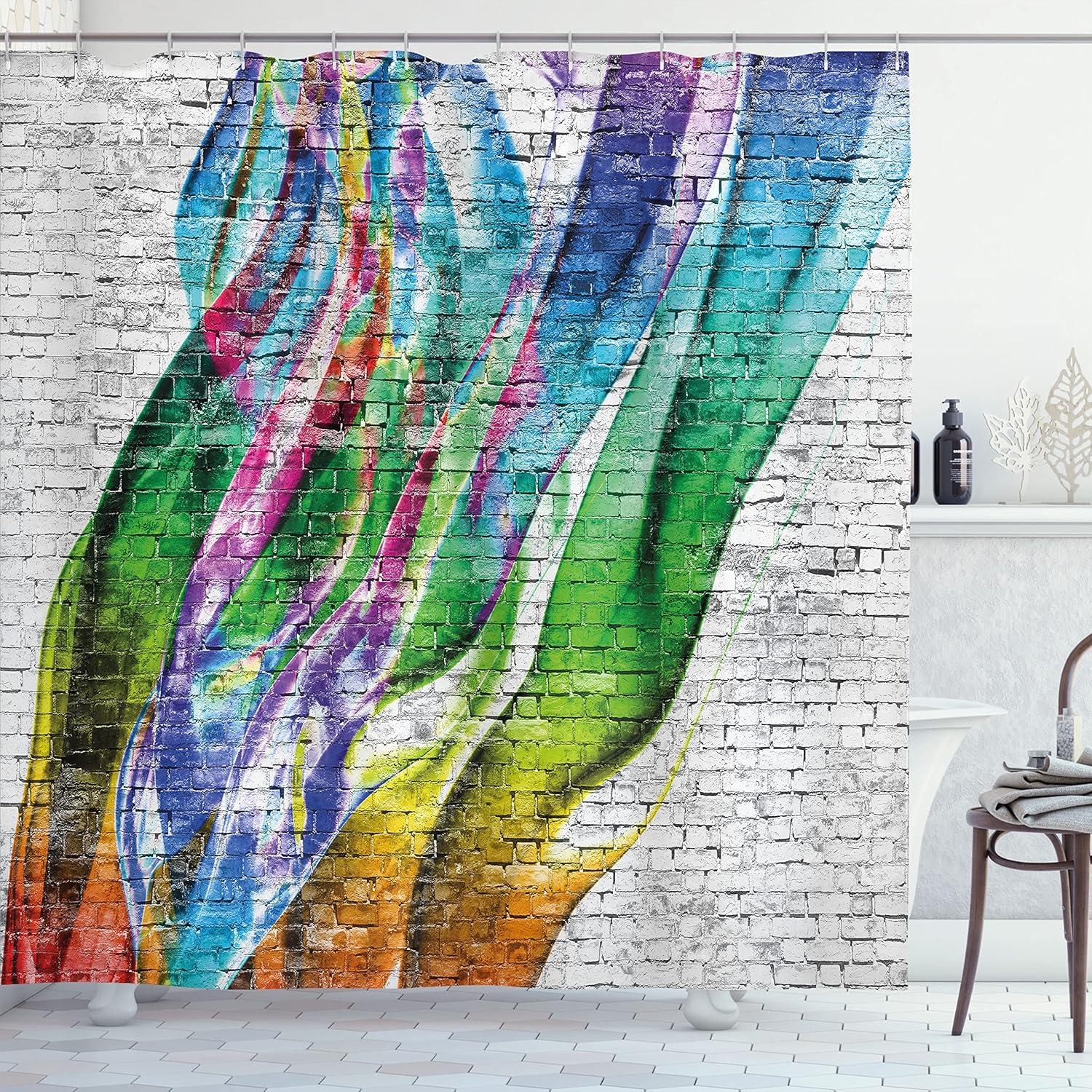 Ambesonne Brick Wall Shower Curtain, Colorful Grunge Scribbled Drawing on Surface Town Counter Culture Artisan, Cloth Fabric Bathroom Decor Set with Hooks, 69" W x 70" L, Off White Multicolor