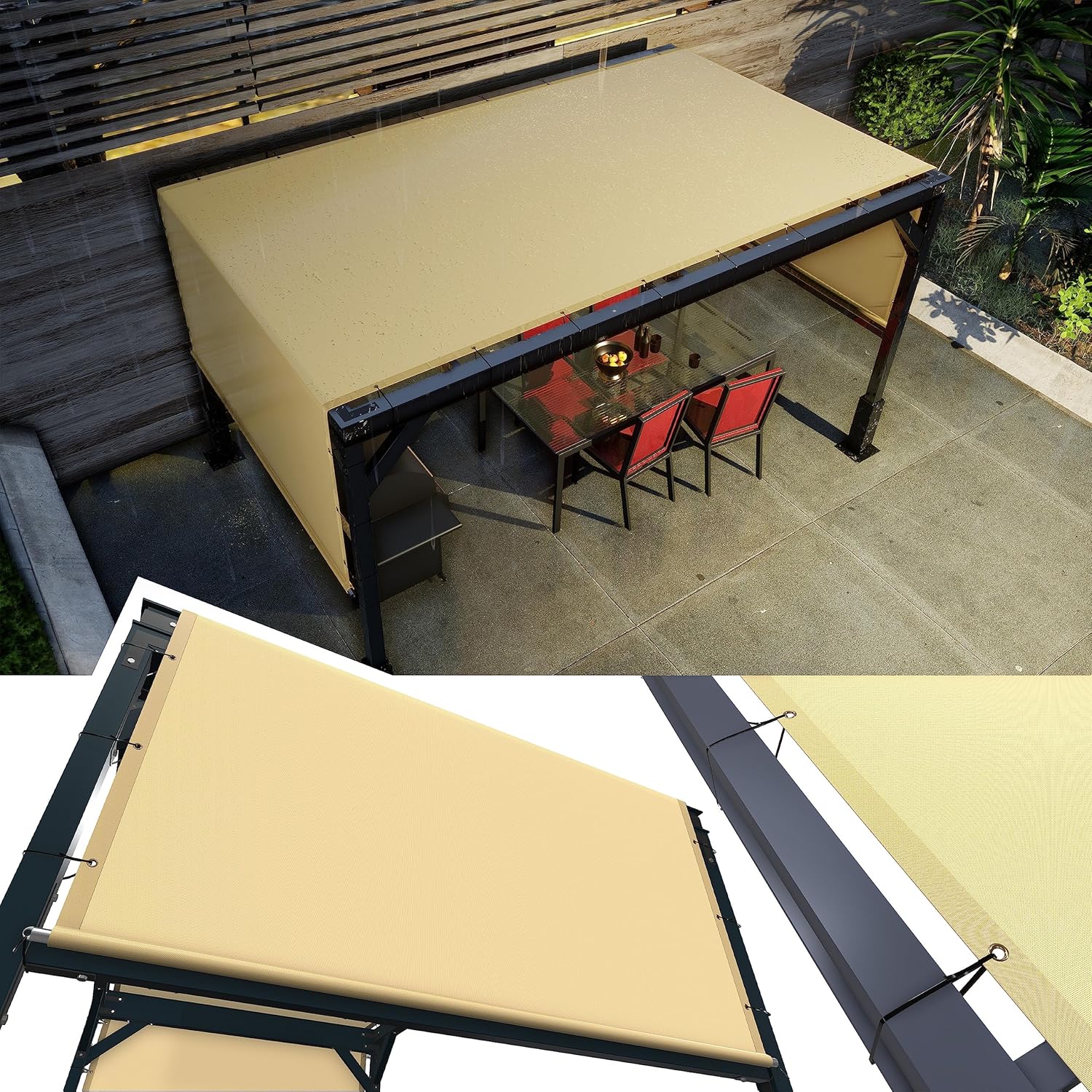 Amgo 10' W x 11' L Beige Waterproof Pergola UPF50 Sun Shade Canopy Replacement Cover, 220 GSM Cloth for Outdoor Patio, 95% UV Blockage, Includes Stainless Steel Weighted Rods (We Customize)