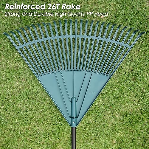 Miniatura 4 de ORIENTOOLS Rastrillo de hojas de jardín, rastrillo de jardín con tubo de acero extensible ajustable de 43 a 66 pulgadas, rastrillo ligero para