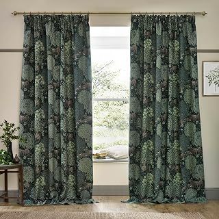 Morris&Co. Brook Pencil Pleat Curtain Pair – Lined Jacquard Woodland Tapestry-Inspired Drapes (Forest Green - 117x137cm)