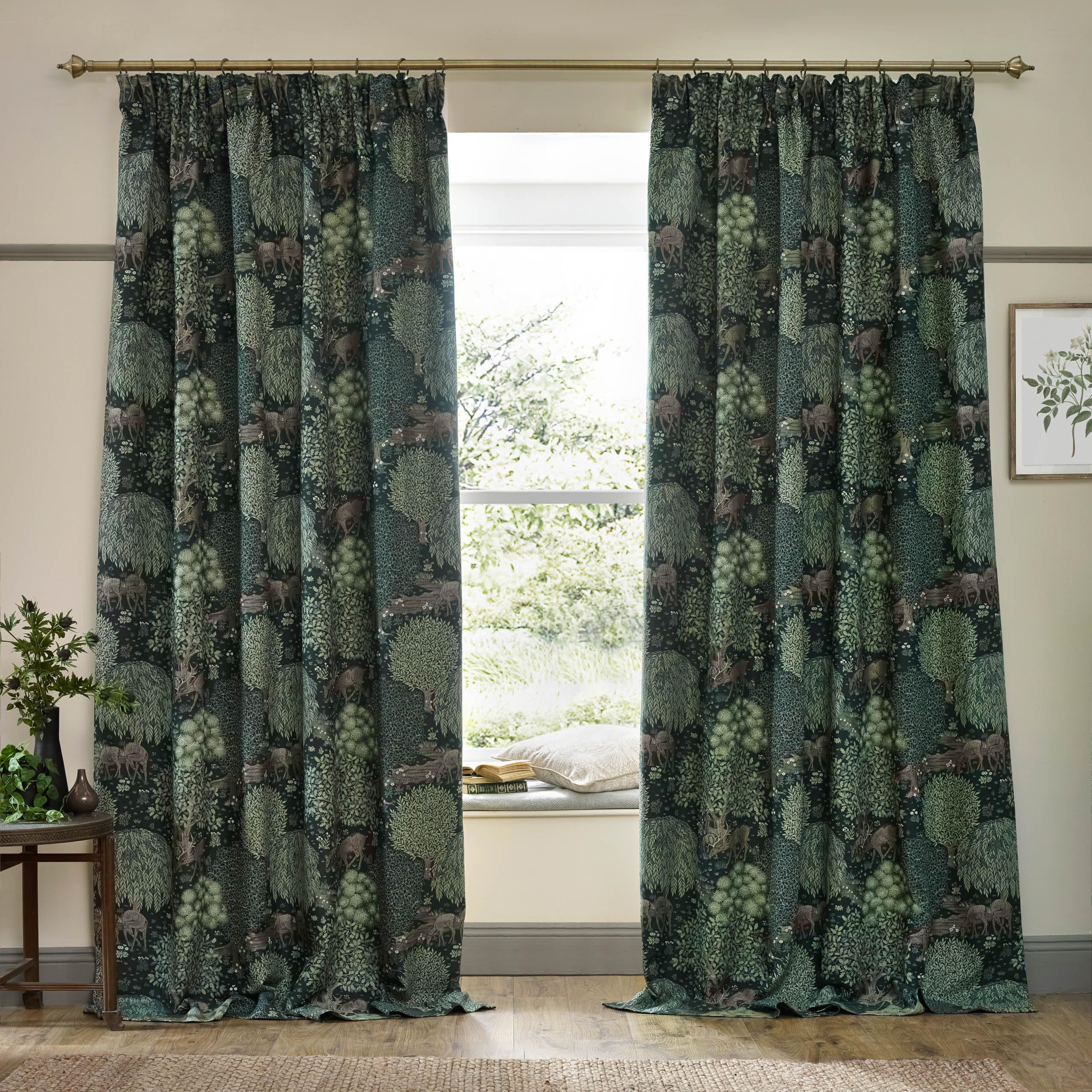 Morris&Co Forest Green Brook Pencil Pleat Curtain Pair – Lined Jacquard Woodland Tapestry-Inspired Drapes ( - 117X137cm)