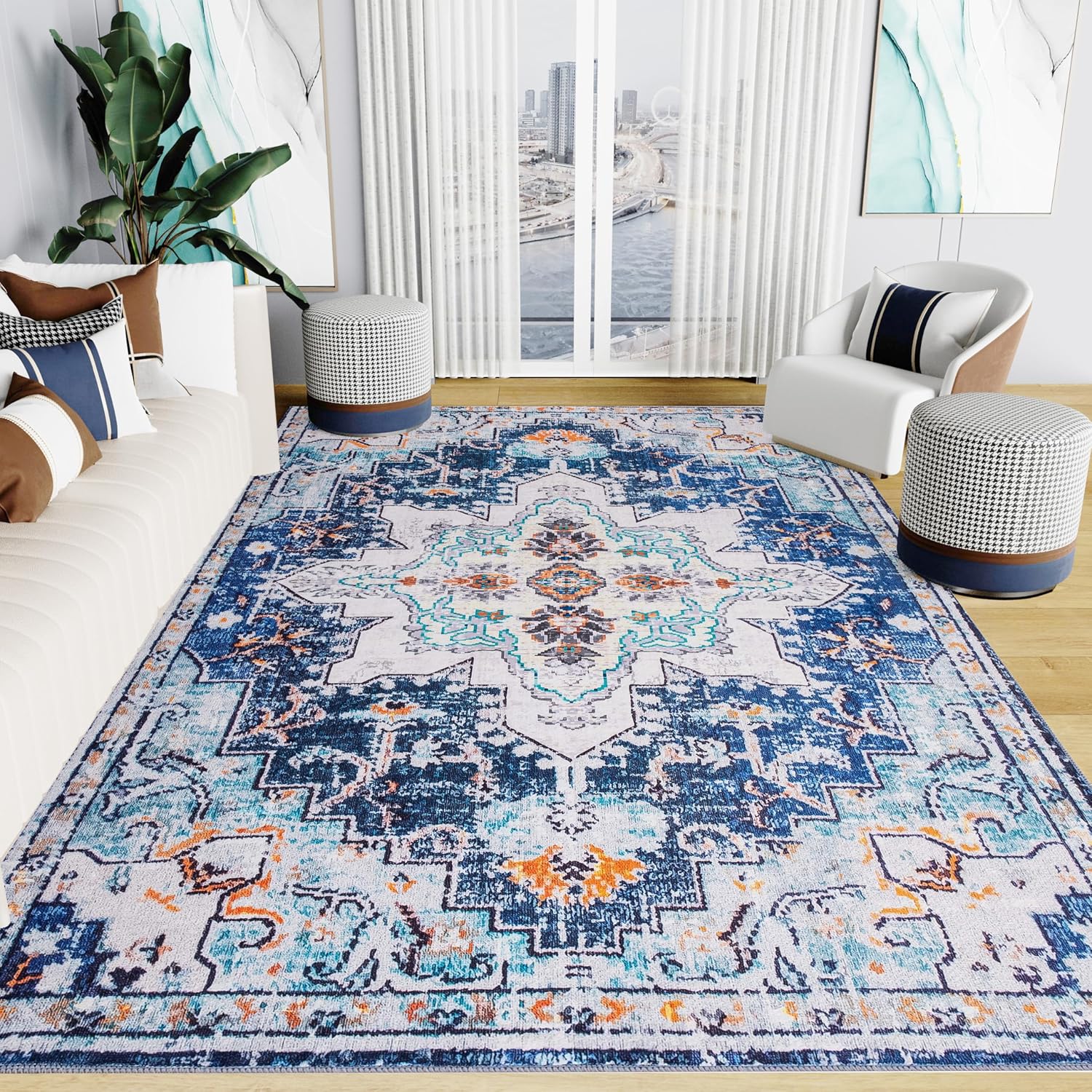 Washable Area Rug: 3x5 Rug Easy Clean in Washing Machine & Vacuum - Soft Rug for Living Room Kitchen & Bedroom Blue… Blue-04 3x5ft