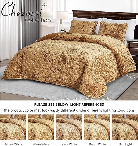 Miniatura 5 de Chezmoi Collection Lux - Juego de edredón de terciopelo dorado caramelo, 3 piezas, ropa de cama de terciopelo envejecido de felpa exuberante para