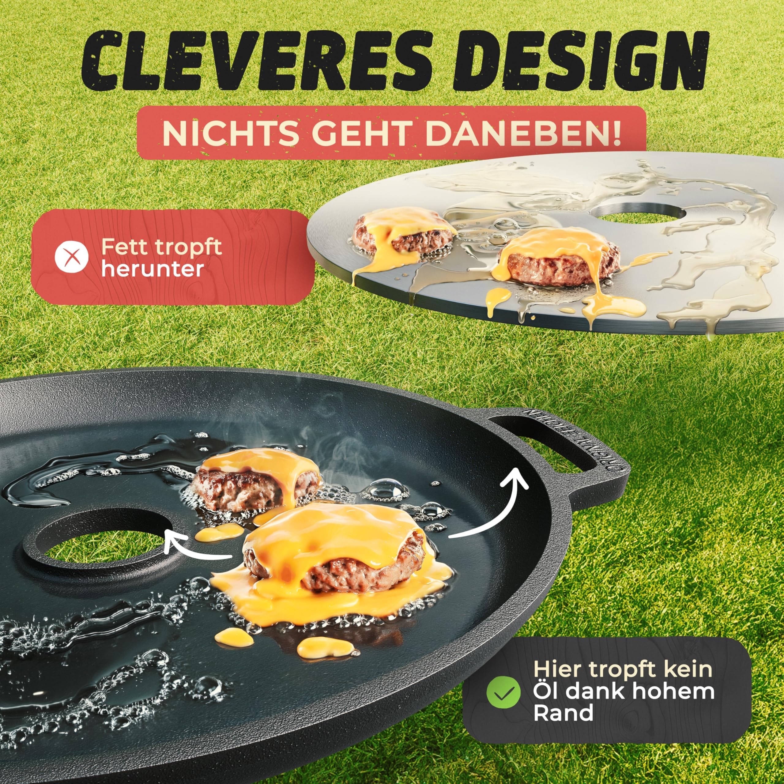 Feuerplatte aus Gusseisen mit Tropfschutz. Ø35cm. Grillplatte Plancha ideal für Raketenofen u.v.m. Outdoor BBQ-Platte mit Tragegriff. Grill Zubehör. Gusseisenpfanne. Stärke 5mm Loch Ø4cm Drei Eichen