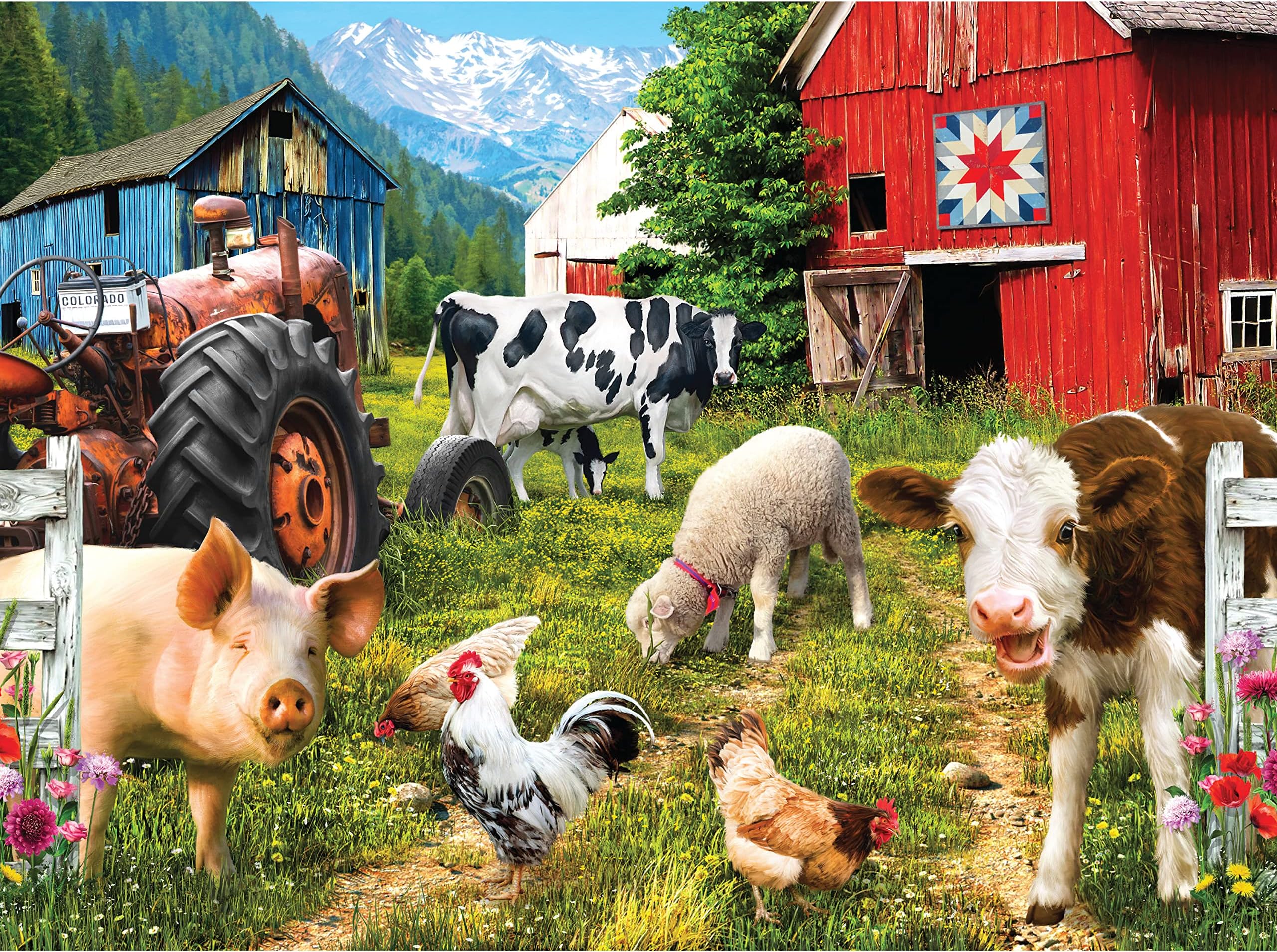 Happy Farm Day 750 Piece Jigsaw Puzzle for Adults by Sharon Steele – 27x20 Inch Whimsical Farm Animal Scene – Challenging Country Farmhouse Puzzle – Fun, Difficult Gift Idea for Puzzle Lovers