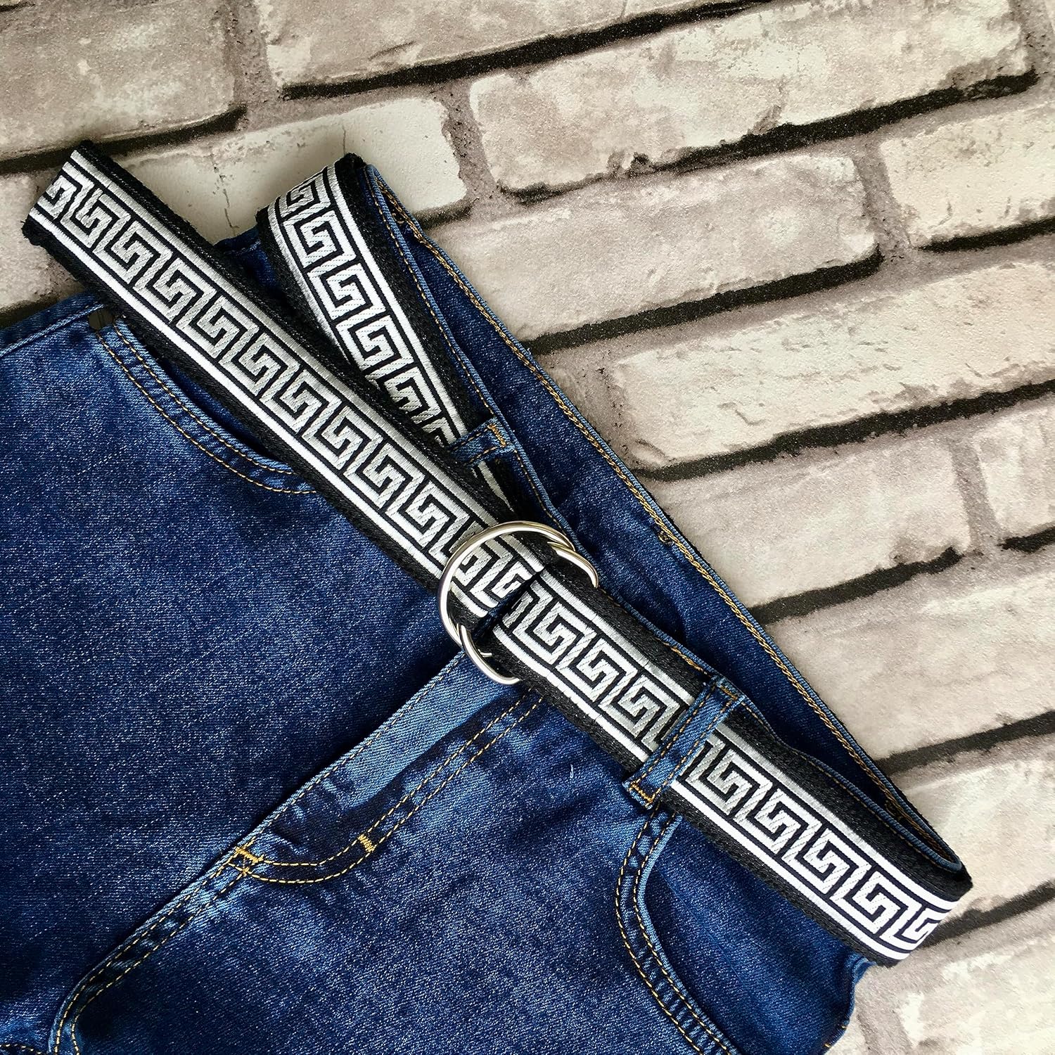 Greek Key Jacquard Trim Belt, Handmade D Ring Ribbon Belts, Black and Silver Gray Waist Accessories for Men or Women, Belts