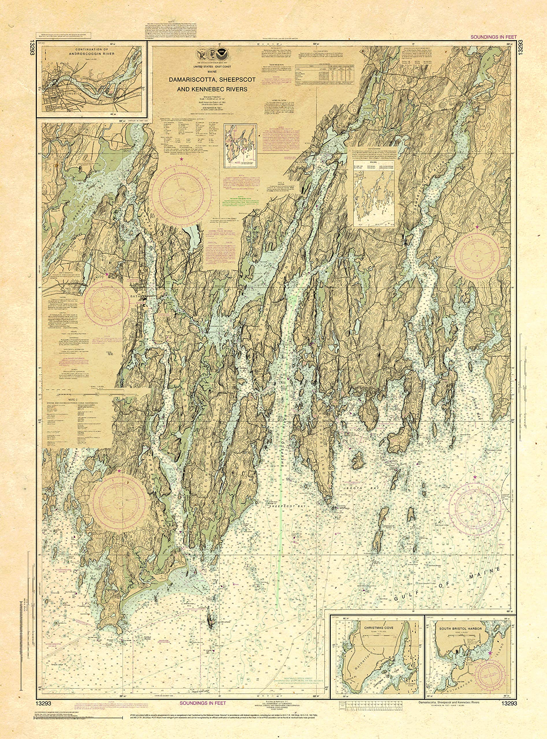 Paradise Cay Publications Antiqued NOAA Chart 13293: Damariscotta: Sheepscot and Kennebec Rivers; South Bristol Harbor; Christmas Cove