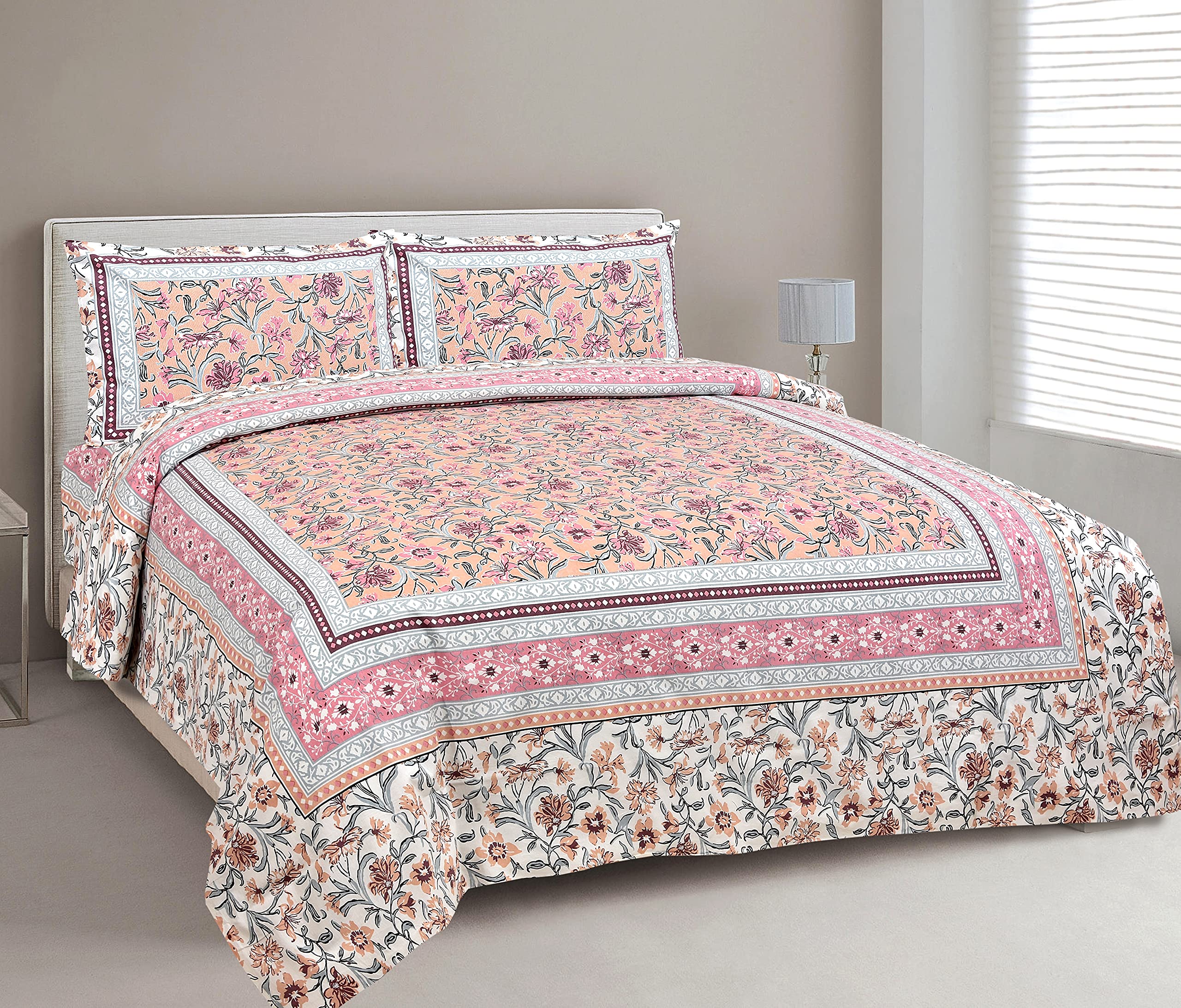 Eleganzze Super King Size bedsheet Ethnic Jaipur (17) Floral Net with Broad Border Print 90 x 108 inch Size with 2 Pillow Cover, 100 % Super Rich Soft Cotton (Pink Flowers Pink Base)