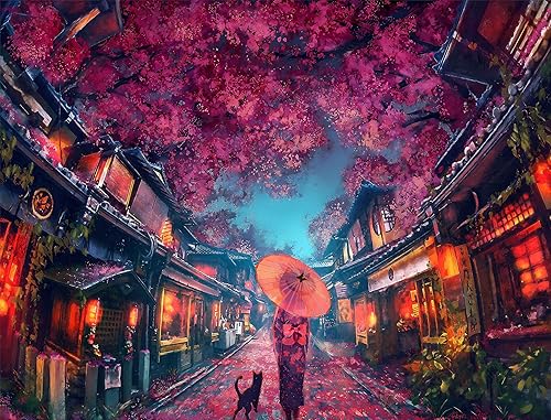 Miniatura 8 de Aidatain Tapiz de anime japonés antiguo japonés de paisaje de calle, tapiz de farol de flor de cerezo, tapiz grande de 93 pulgadas de largo x 71