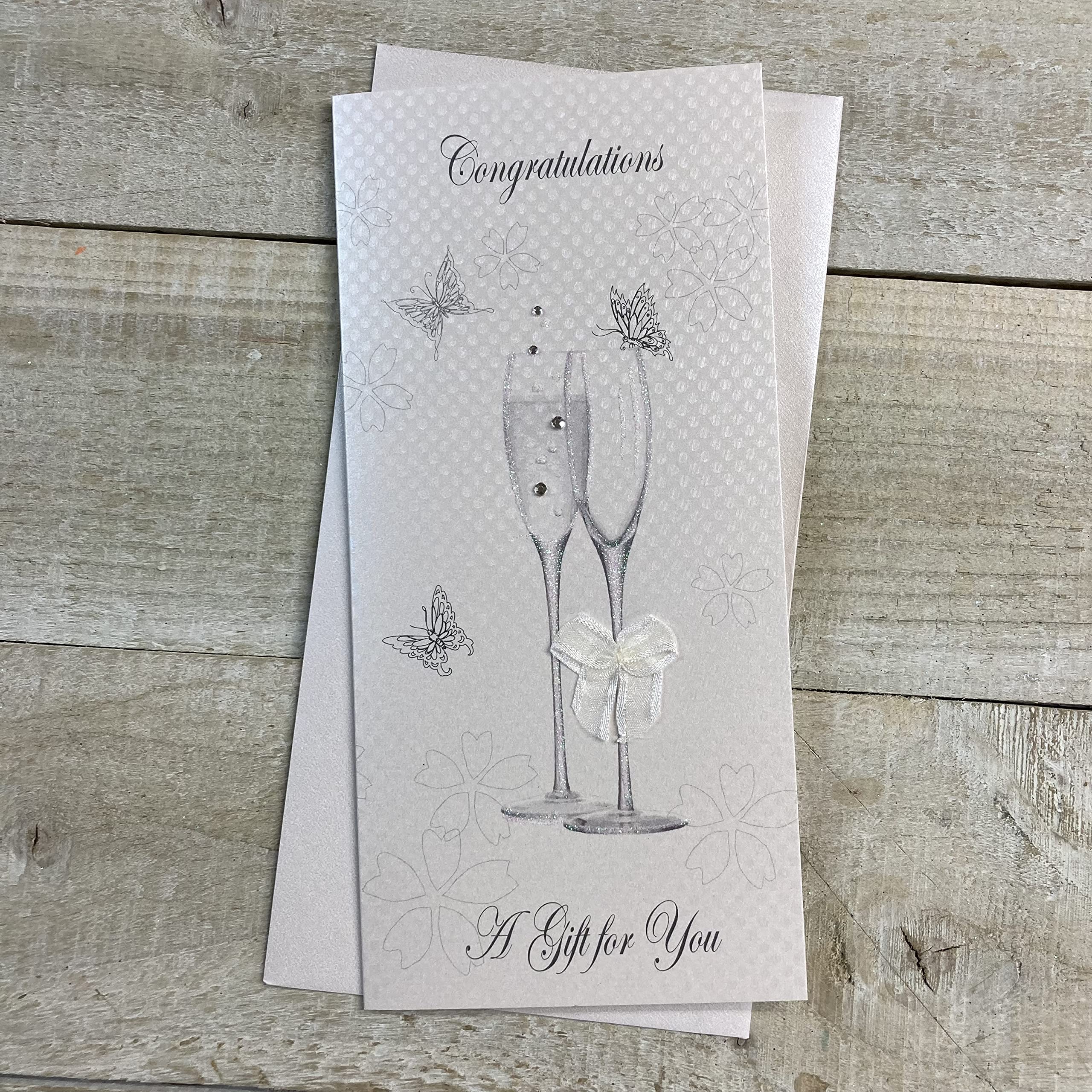 White Cotton Cards Congratulations Money Wallet Champagne Glasses Card, Wbw7