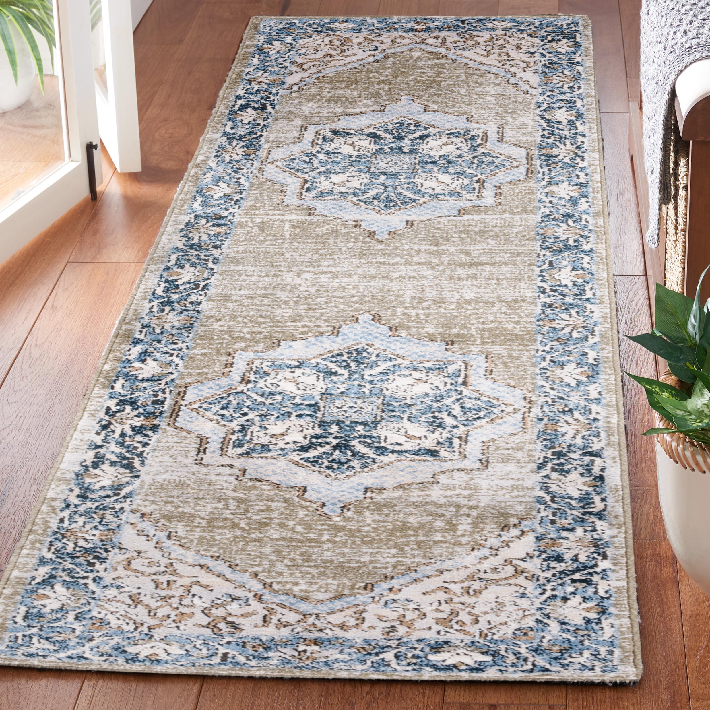 SAFAVIEH Rosewood Collection Runner Rug - 2'3" x 8' Runner, Ivory & Green, Shabby Chic Oriental Design, Ideal for The Living Room, Bedroom, Dining Room (ROW110A-28)
