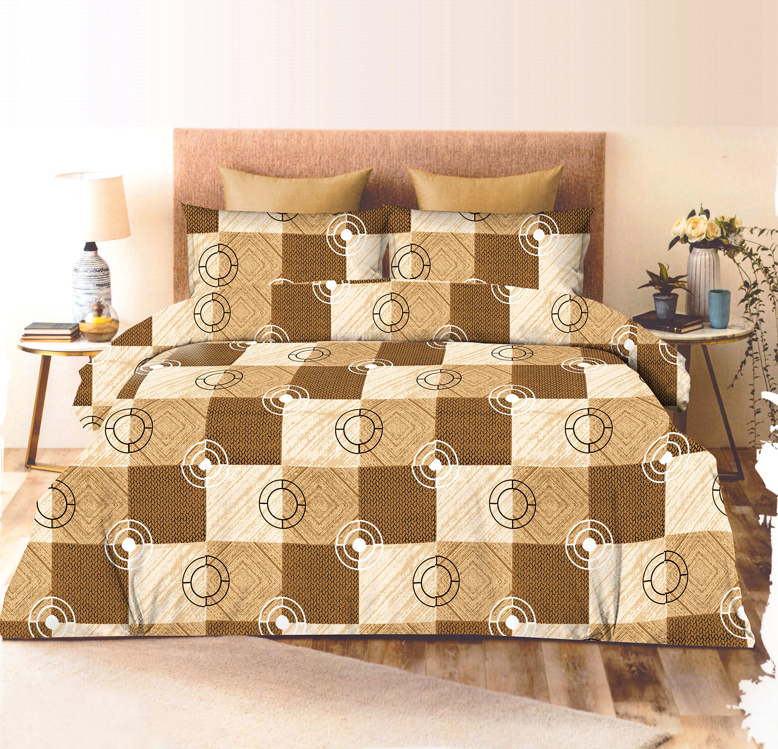 Platinum Collection Cotton Abstract Design Flat Bedsheet Premium King Size Duvet Cover Set 6 Pieces Bedding Set Express Bed sheet (Light Brown, King)