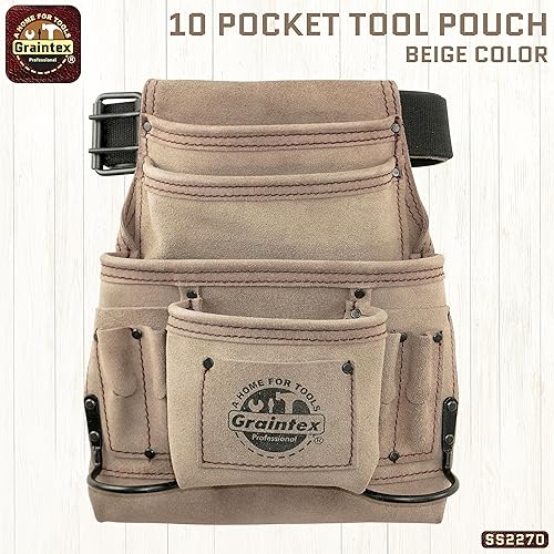 Miniatura 2 de Graintex SS2270 10 bolsillo de uñas y herramientas bolsa de cuero de gamuza color beige con cinturón de cuero de 2 pulgadas para constructores,