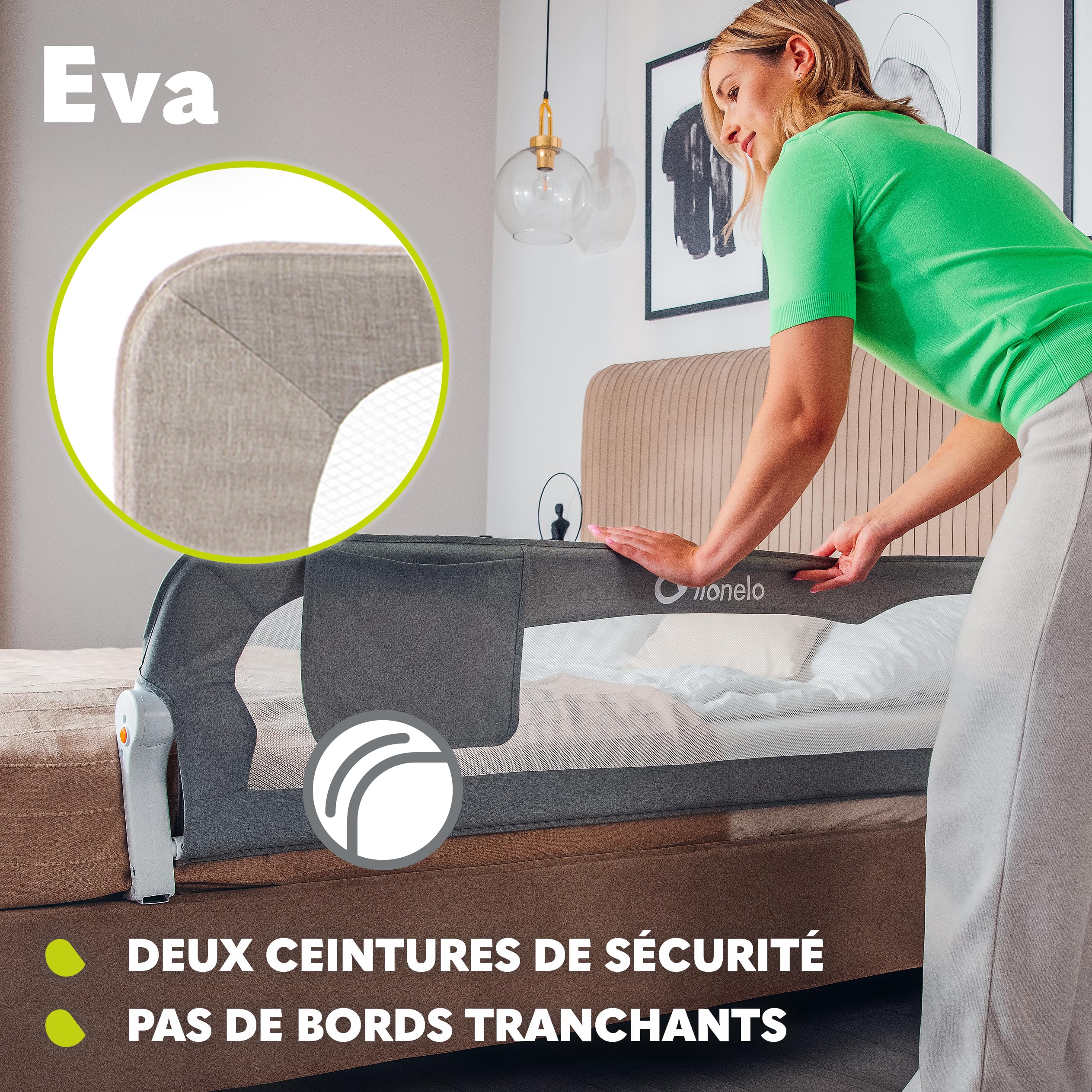 Lionelo Eva Barrière de Lit 150cm x 42cm Pliage 180° Anti-Chute Ceintures Sécurité Cadre Métal Pliable Beige