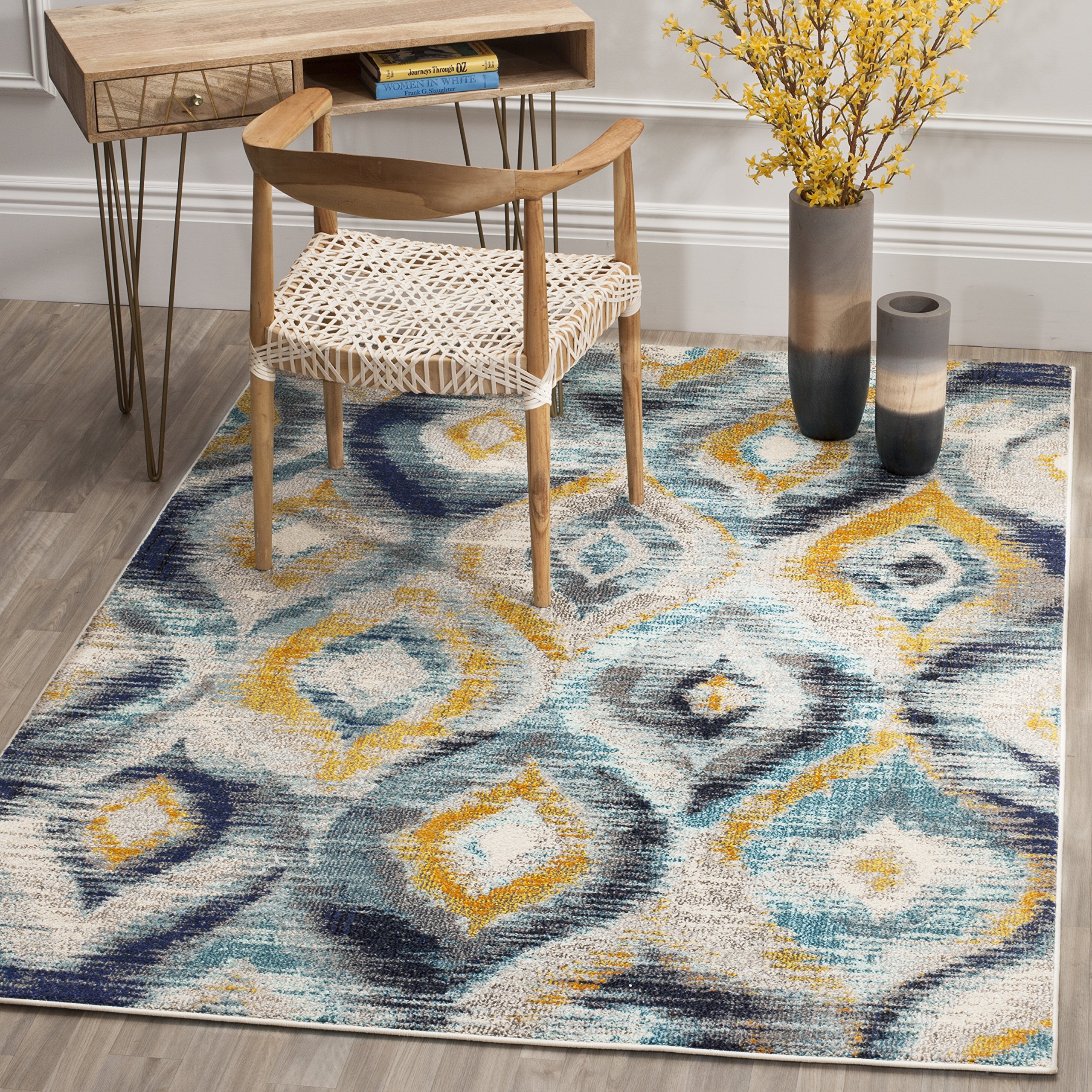 SAFAVIEH Tapis Boho Pour Salon, Salle à manger, Chambre à coucher - Monaco Collection, Tapis à poil court, Bleu et Multi, 122 X 170 cm