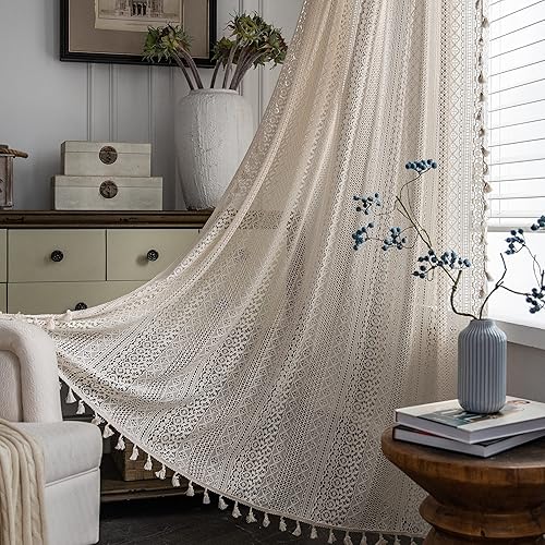 Cortina bohemia de encaje transparente de ganchillo de 72 pulgadas de largo, vintage hecha a mano con borlas de macramé, cortina de punto para