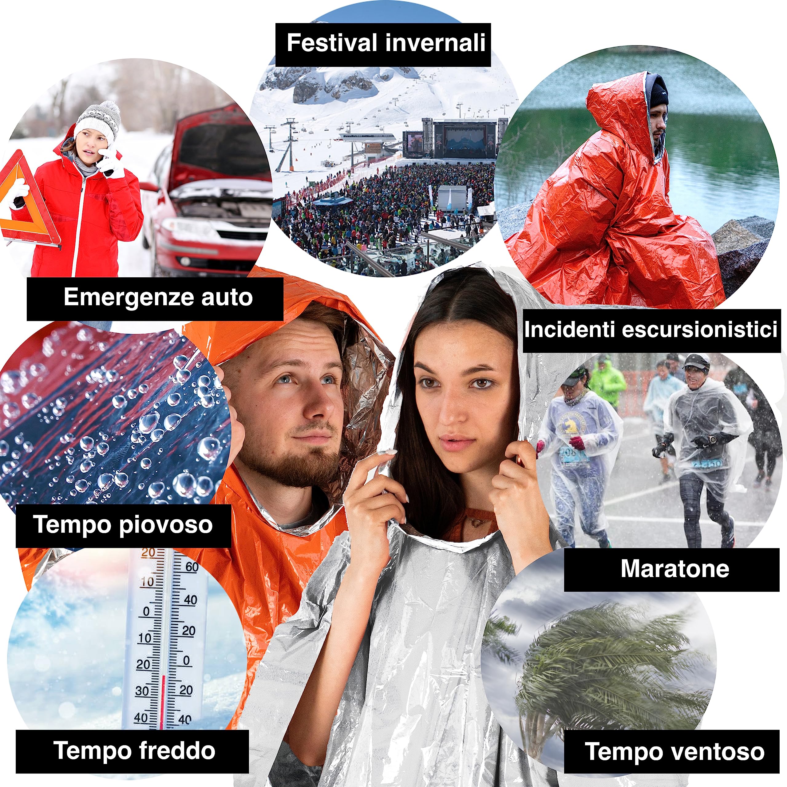 aZengear Poncho di emergenza e sopravvivenza (4 pezzi) con rivestimento termico in mylar, reversibile con cappuccio, impermeabile e antivento (arancia)