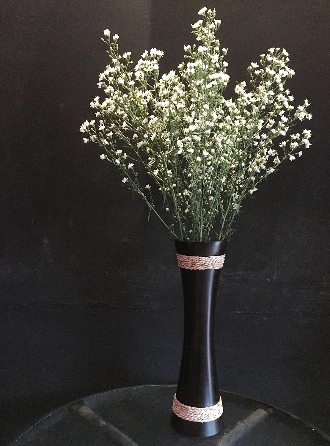 roro 14 Inch Hand-Made Concave Black Mango Wood Vase with Twine