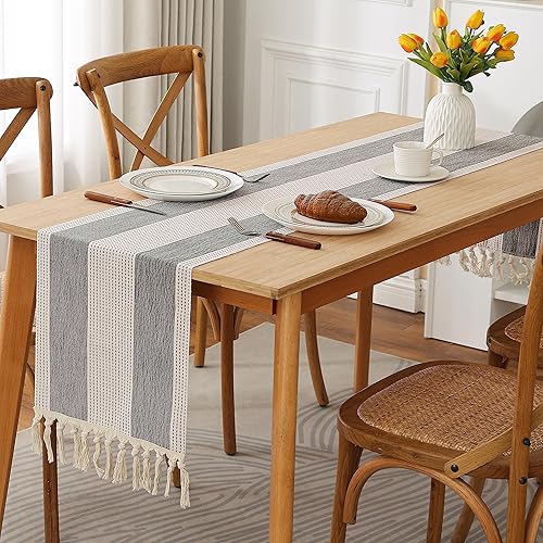 Miniatura 4 de Camino de mesa de arpillera con borlas de 36 pulgadas de largo, estilo bohemio, a rayas anchas, de lino, camino de mesa, accesorios de mesa para