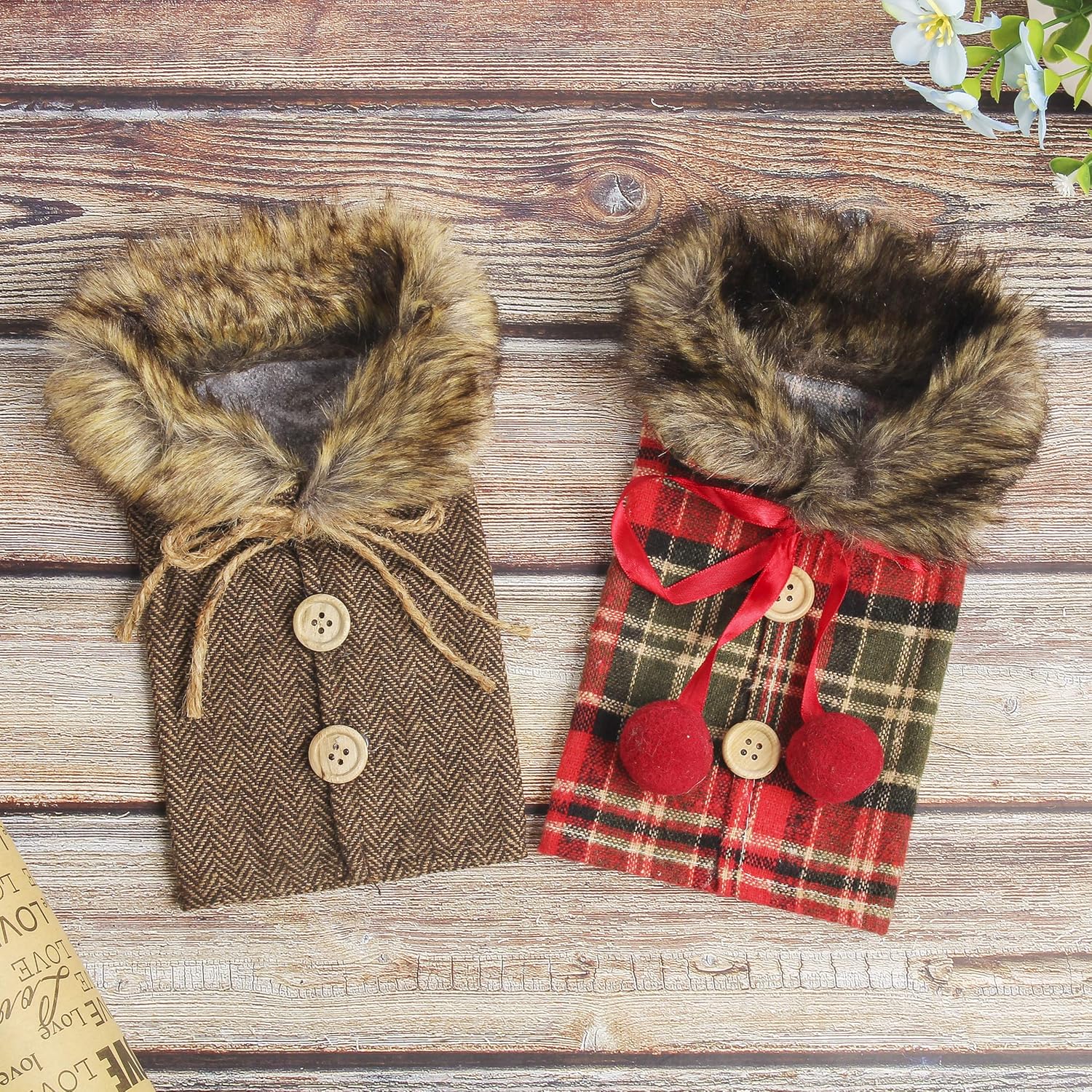 Tanlee 6 Pieces Christmas Sweater Plaid Wine Bottle Covers With Faux Fur Collar And Button Coat Design For Xmas Party Decorations