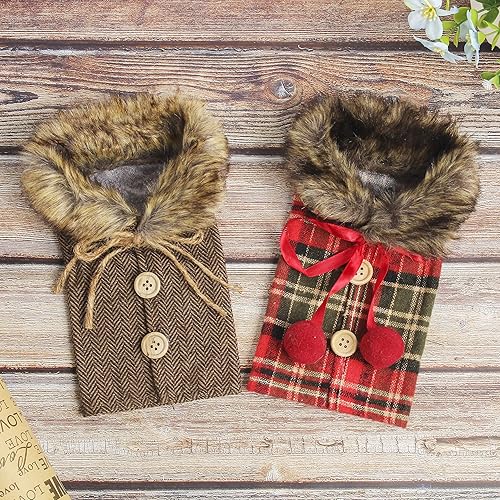 Miniatura 5 de Tanlee 6 piezas de suéter navideño para botellas de vino, fundas para botellas de vino, ropa de lino, vestido de botella de vino con cuello de piel