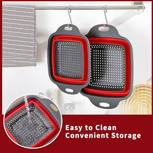Miniatura 7 de Juego de 2 coladores plegables para cocina, colador de silicona de 11.5 pulgadas y colador de silicona de 9.5 pulgadas para drenar pasta, verduras,