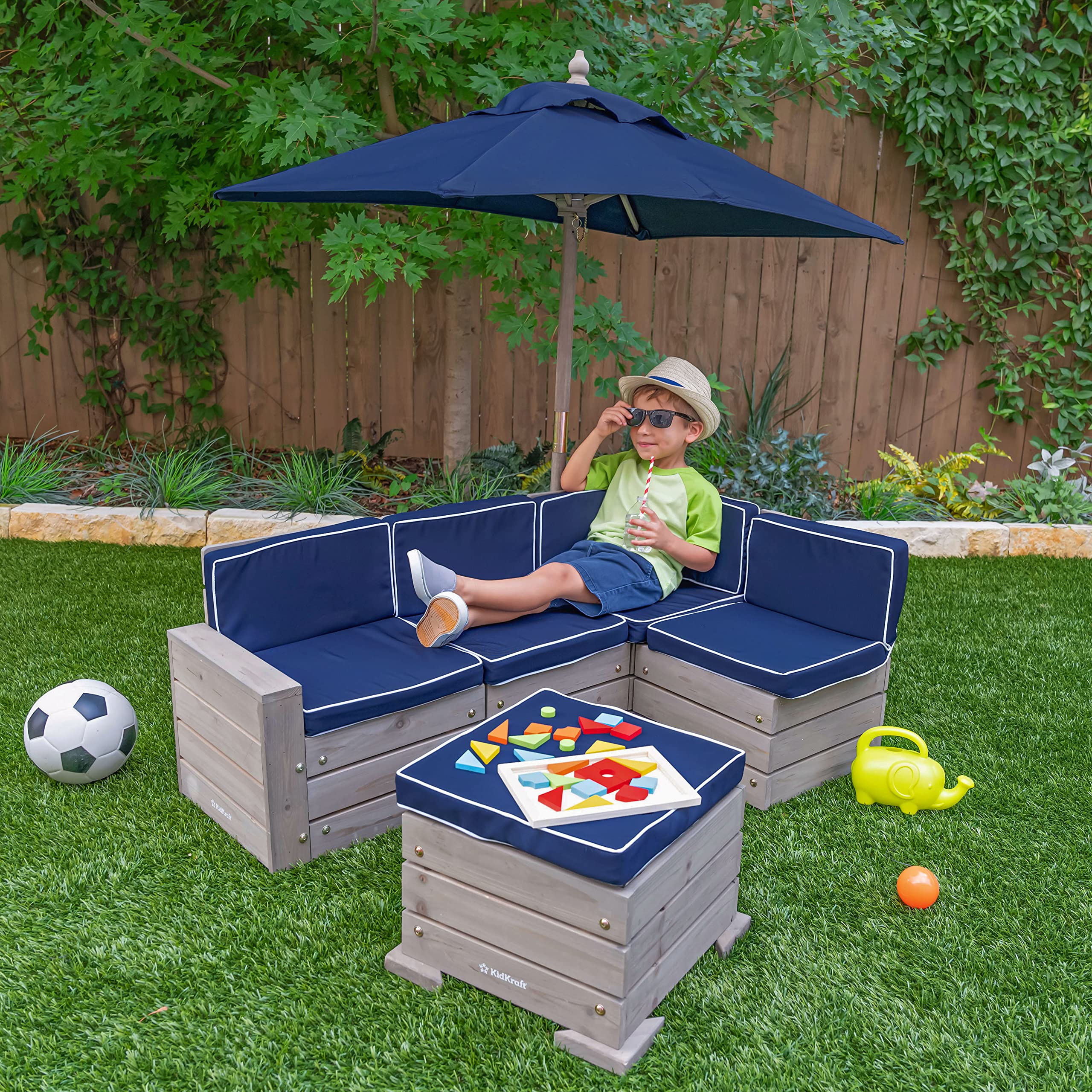 KidKraft Wooden Outdoor Sectional Ottoman & Umbrella Set with Cushions ...