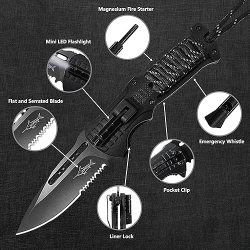 Miniatura 4 de XIPHIAS Cuchillo plegable de supervivencia, multiherramienta de acero inoxidable con luz LED, iniciador de fuego, silbato y paracord, clip de