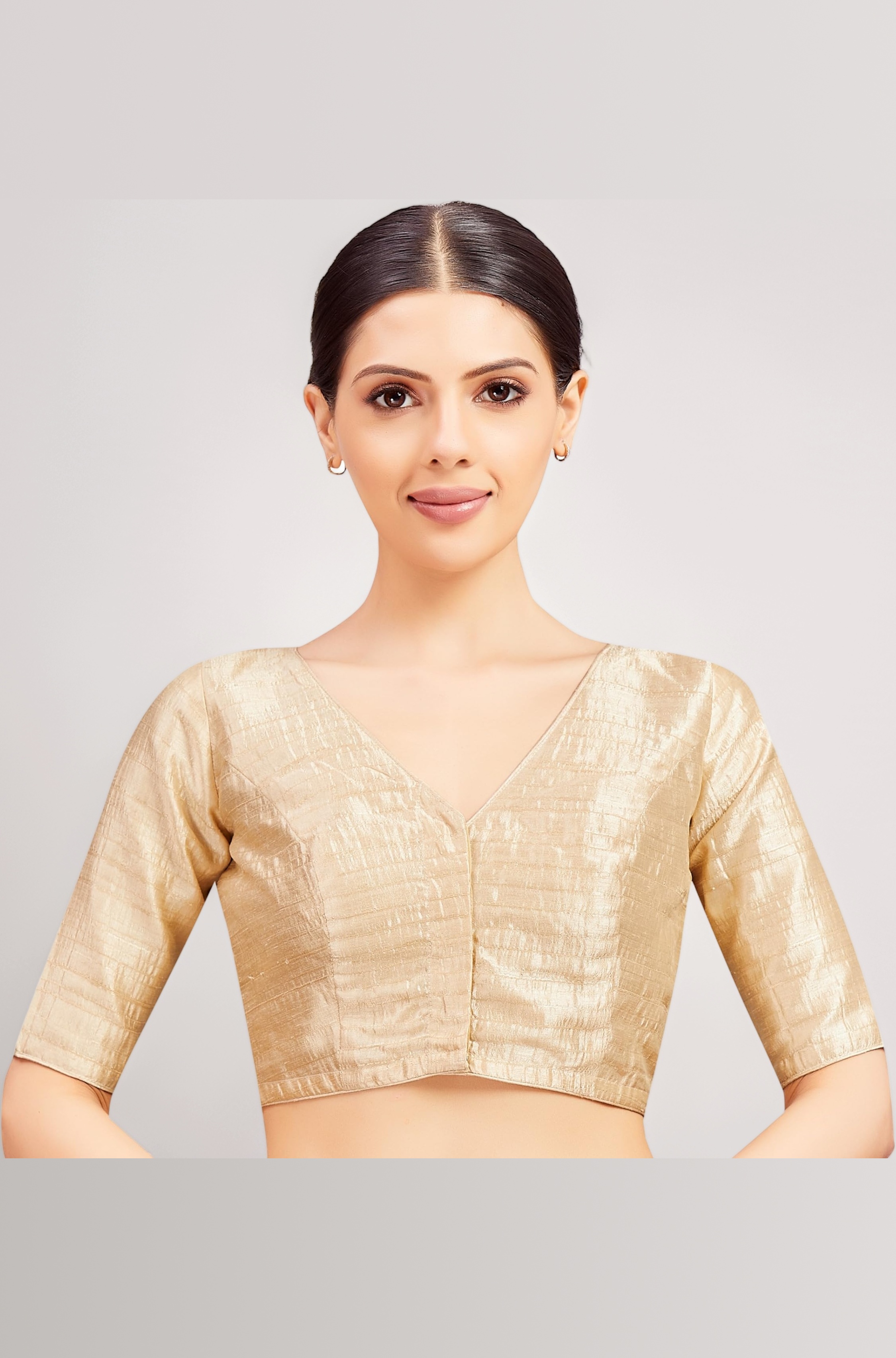 Women Readymade Raw Silk V Neck Saree Half Sleeve Blouse