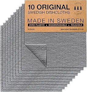 SUPERSCANDI 10 Pack Swedish Dishcloths for Kitchen - 100% Biodegradable & Compostable Reusable Paper Towels Washable, Food-Safe & Without Plastic - Dish Rags Suitable for Any Surface, Grey