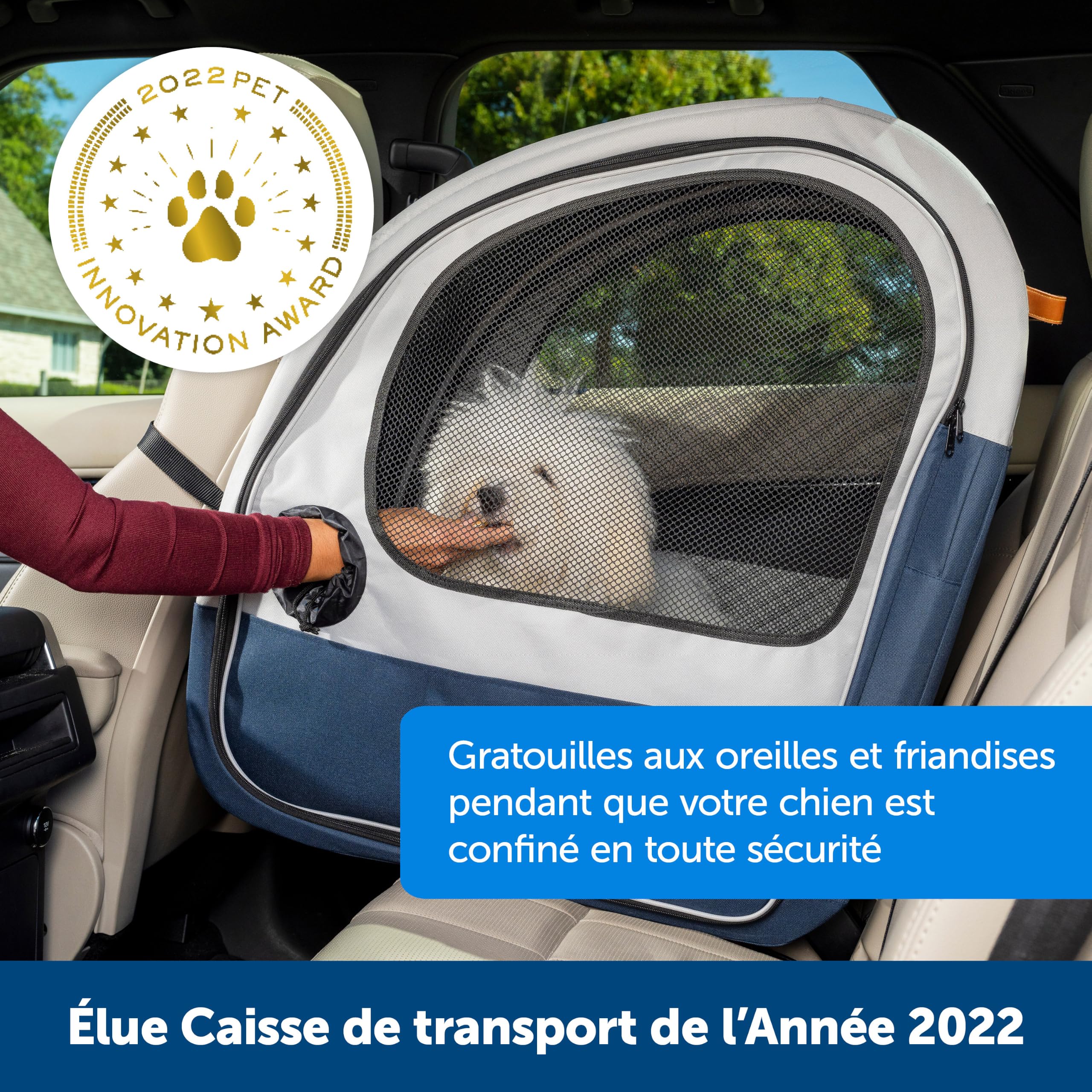 PetSafe Cabine de Voyage Pliable pour Animaux jusqu'à 27 kg, se Plie pour Un Rangement Facile, Doublure molletonnée,Lavable en Machine, 2 Poches de Rangement, Gris/Bleu étanche, Lavable à la Machine