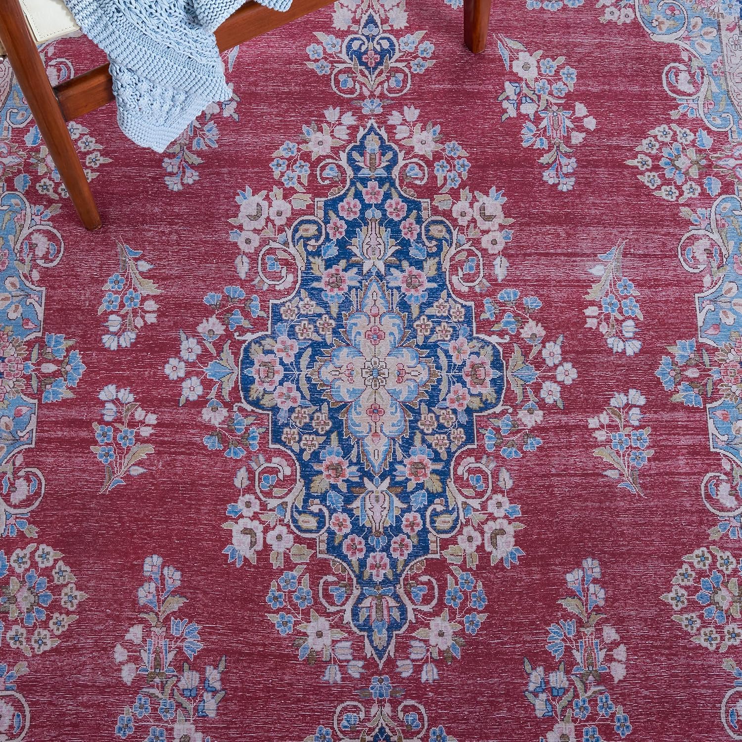 SAFAVIEH Washable Rug Tucson Collection - 2'6' x 8' Runner, Red & Navy, Slip Resistant & Easy to Clean, Ideal for Hallway, Foyer, Entryway, Bedroom (TSN182Q)